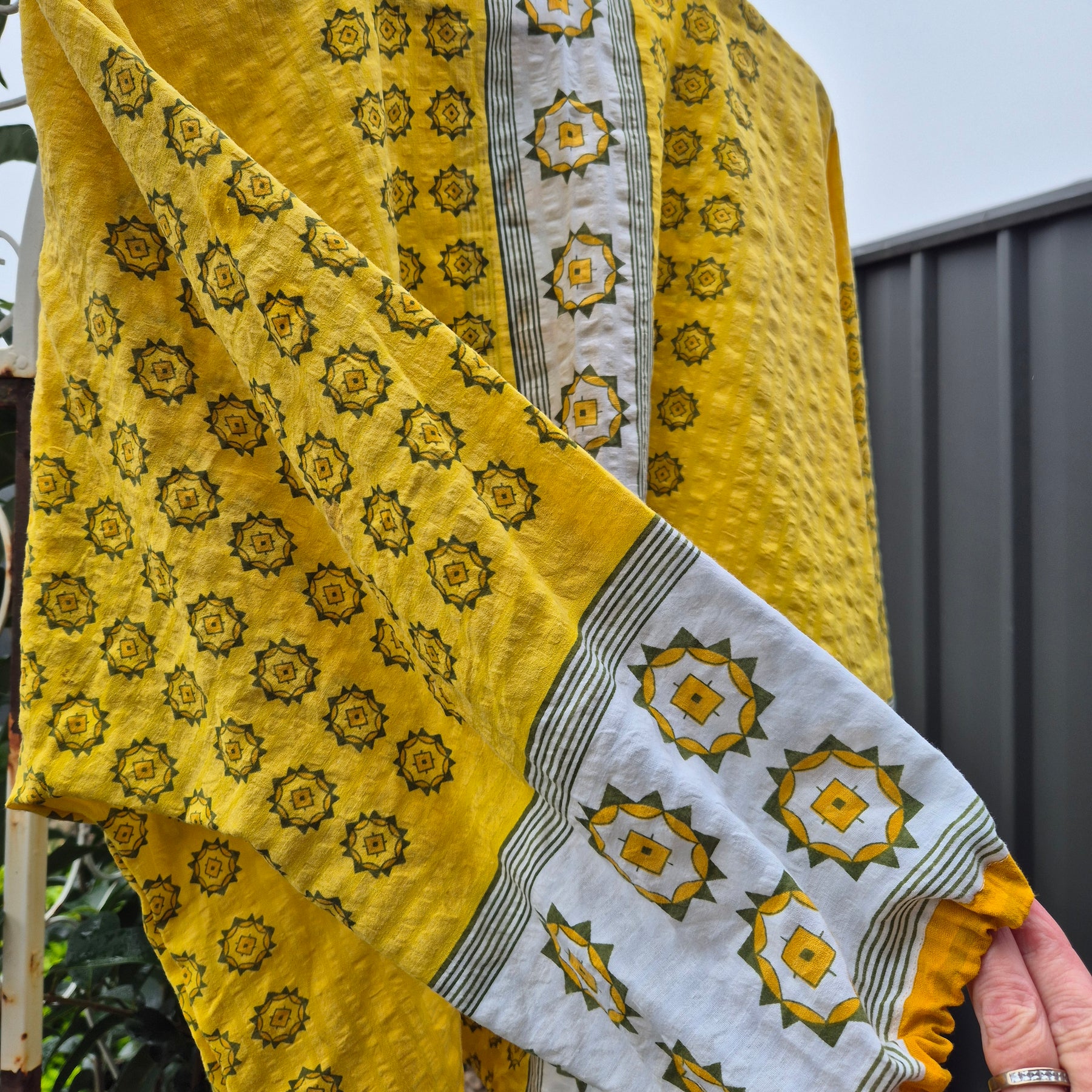 Upcycled Vintage Tablecloth top. Yellow Seer Sucker