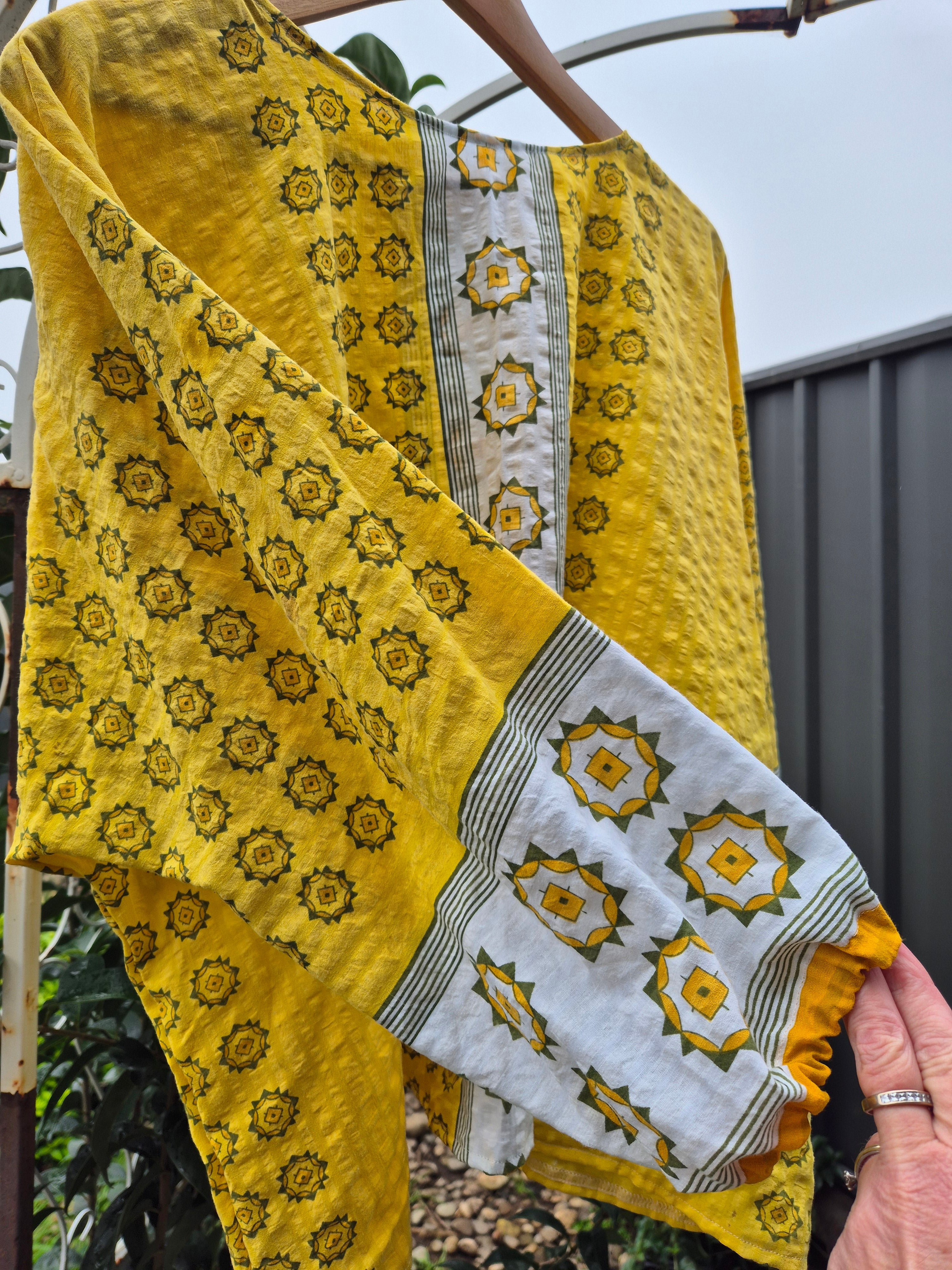 Upcycled Vintage Tablecloth top. Yellow Seer Sucker
