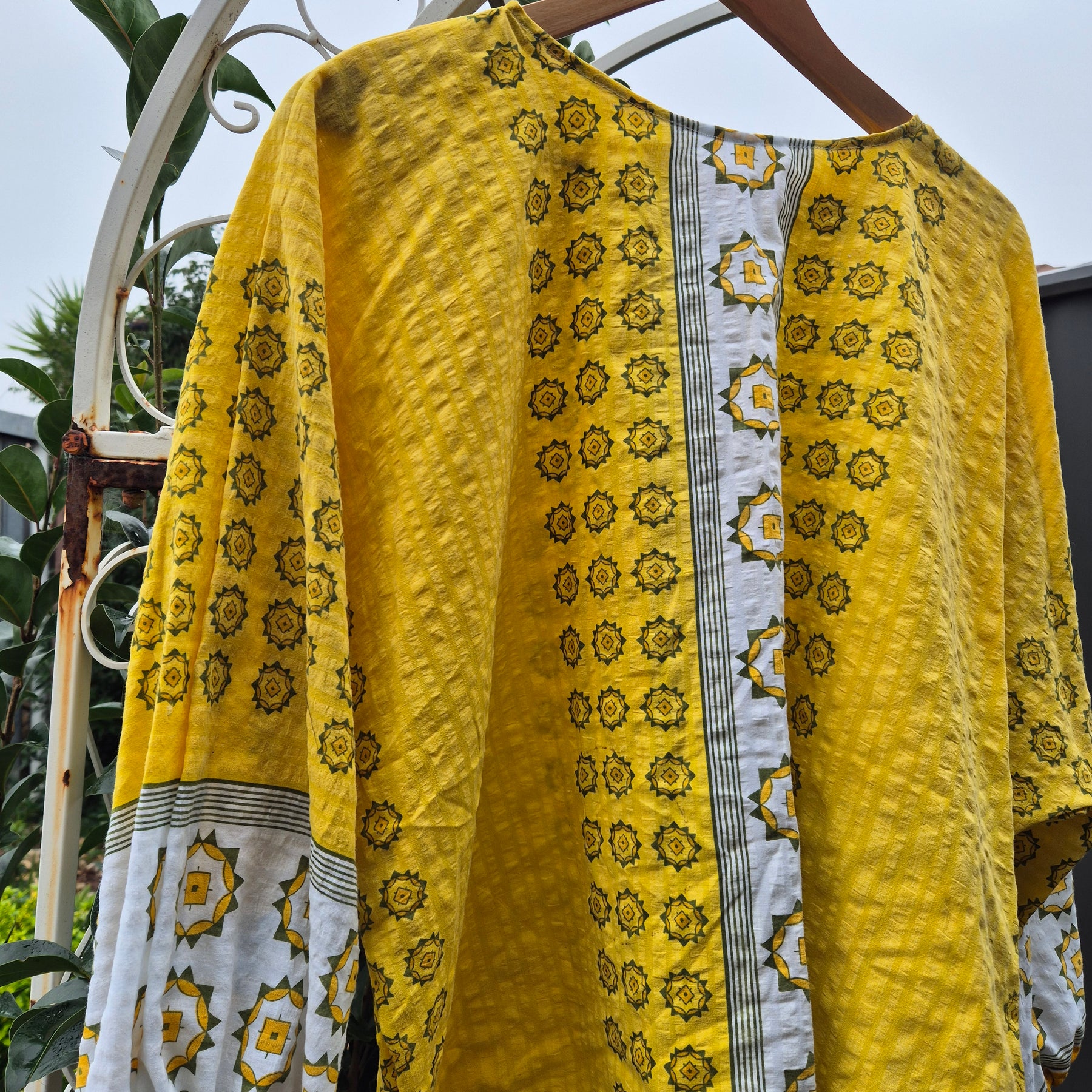 Upcycled Vintage Tablecloth top. Yellow Seer Sucker