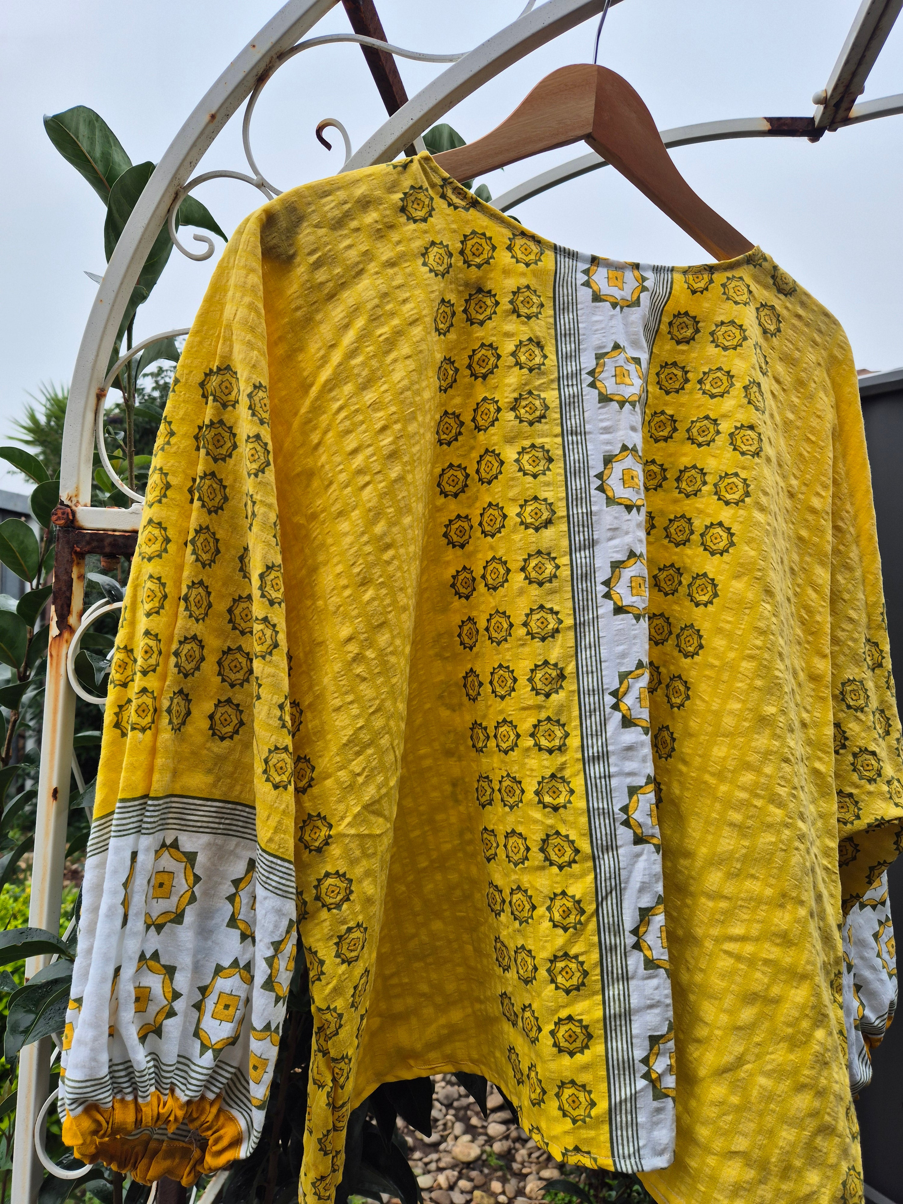Upcycled Vintage Tablecloth top. Yellow Seer Sucker