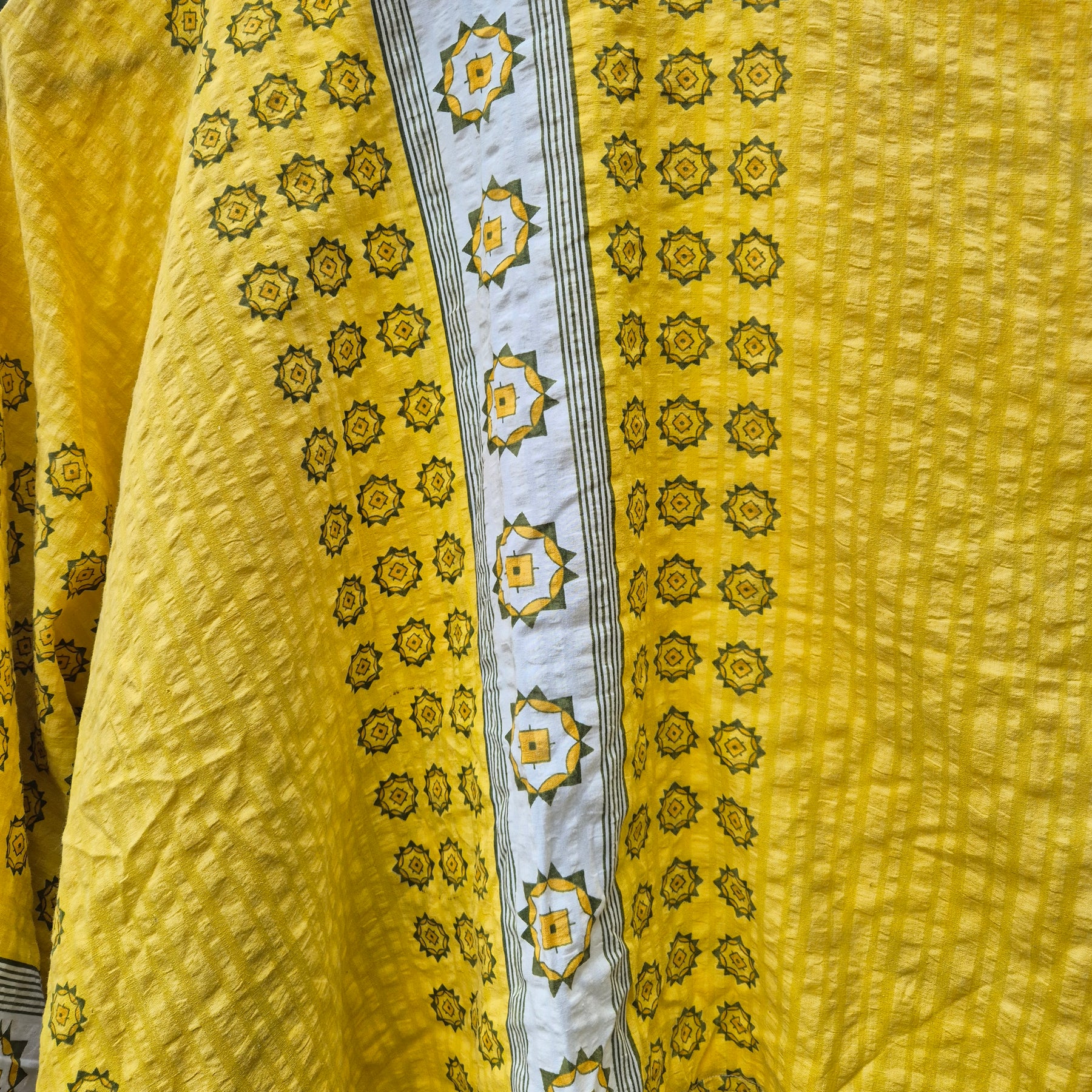 Upcycled Vintage Tablecloth top. Yellow Seer Sucker