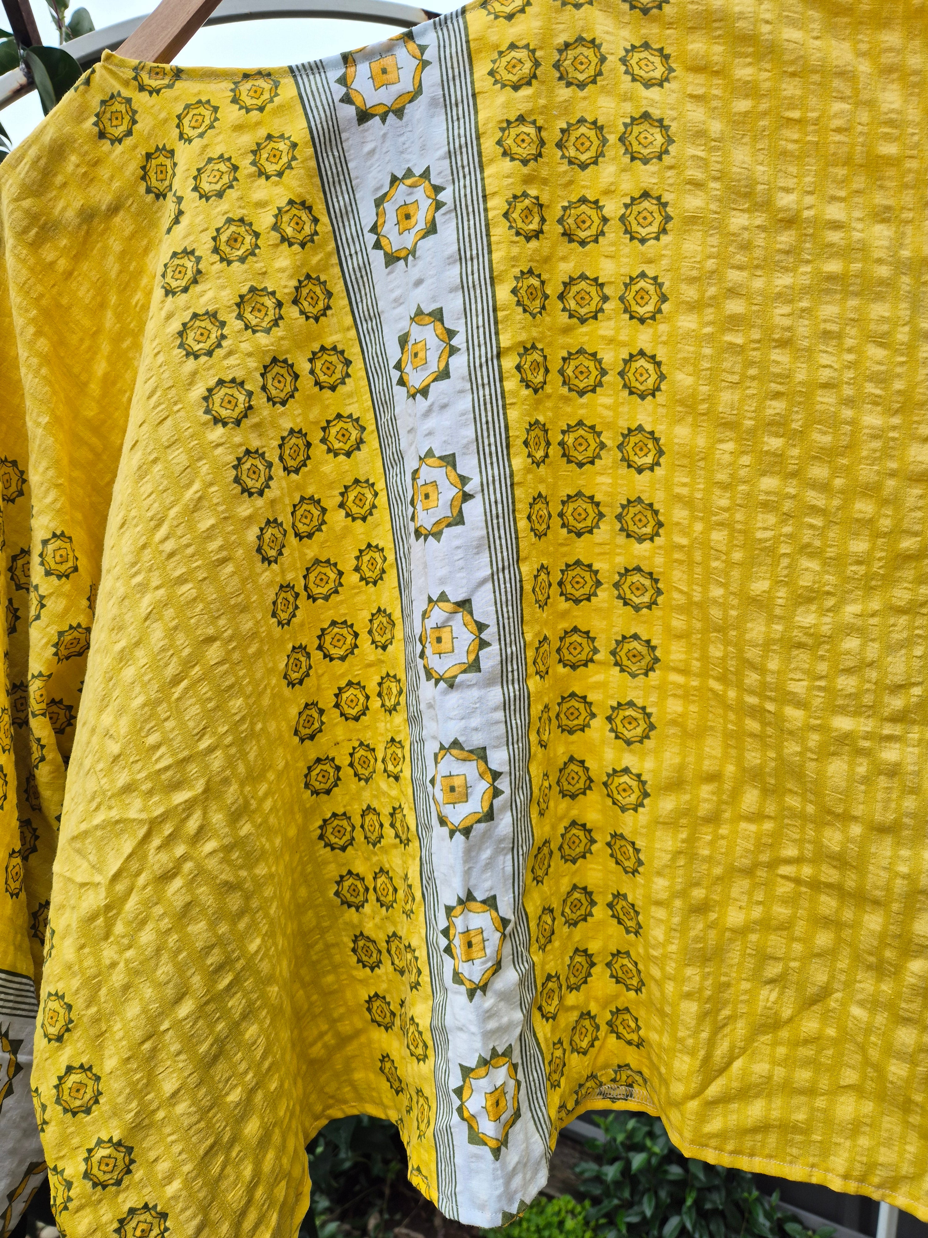 Upcycled Vintage Tablecloth top. Yellow Seer Sucker