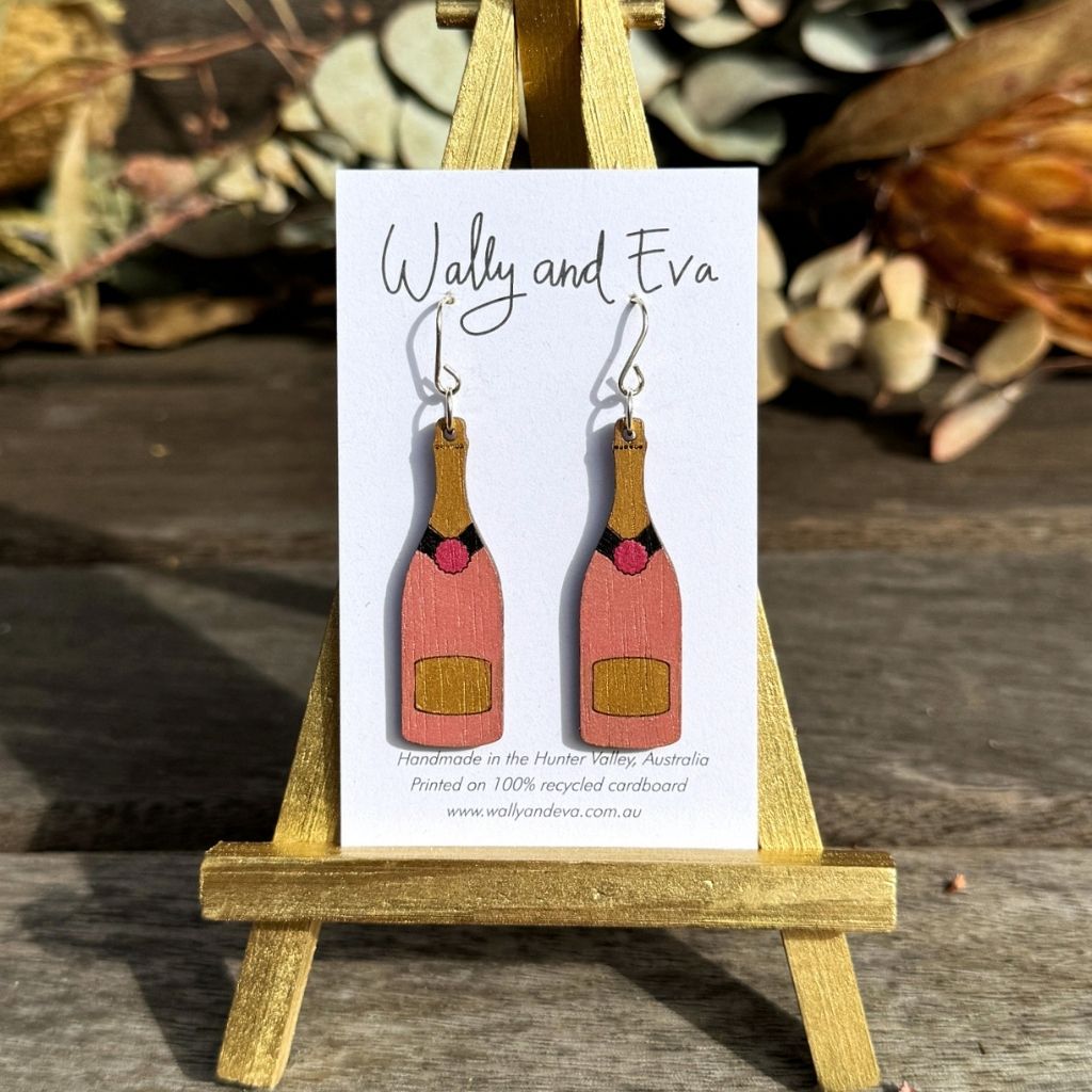 Champagne Bottle Hand Painted Wood Earrings