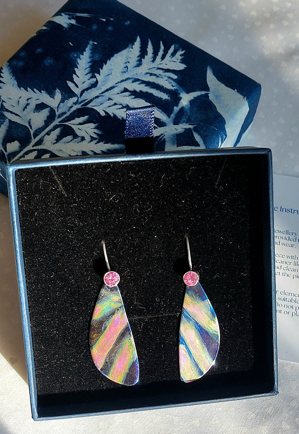 Hand painted Blue Dangles with Pink Corundum & Sterling Silver Hooks