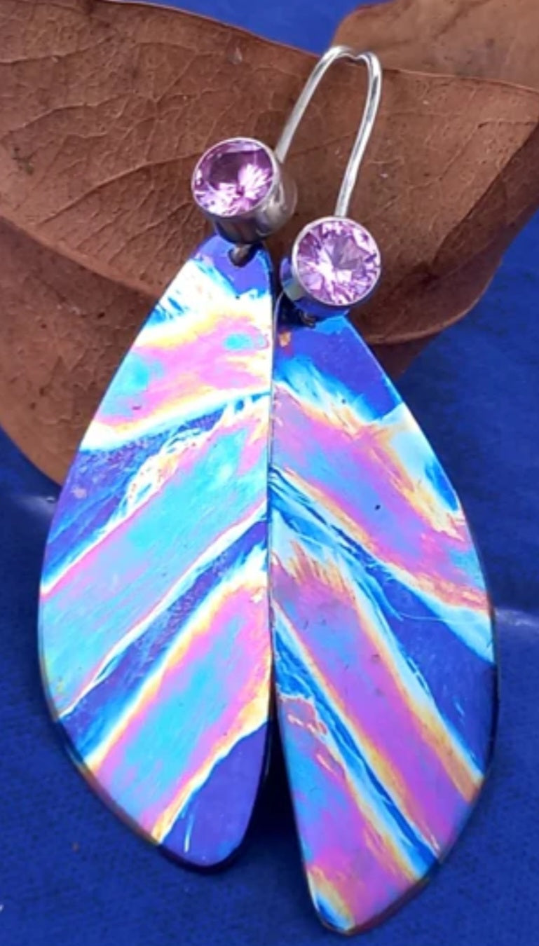 Hand painted Blue Dangles with Pink Corundum & Sterling Silver Hooks