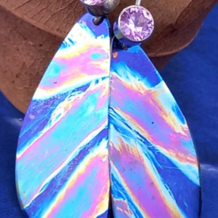 Hand painted Blue Dangles with Pink Corundum & Sterling Silver Hooks