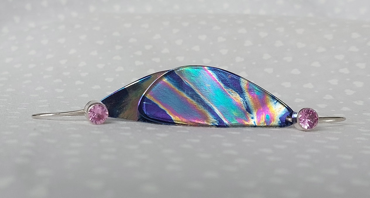 Hand painted Blue Dangles with Pink Corundum & Sterling Silver Hooks
