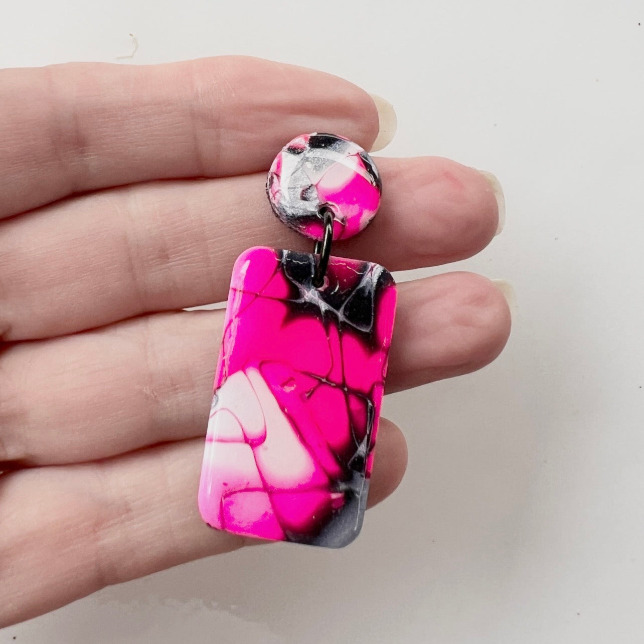 Earrings ~Dangles~Polymer Clay Mokume Gane~Hot Pink~ Resin