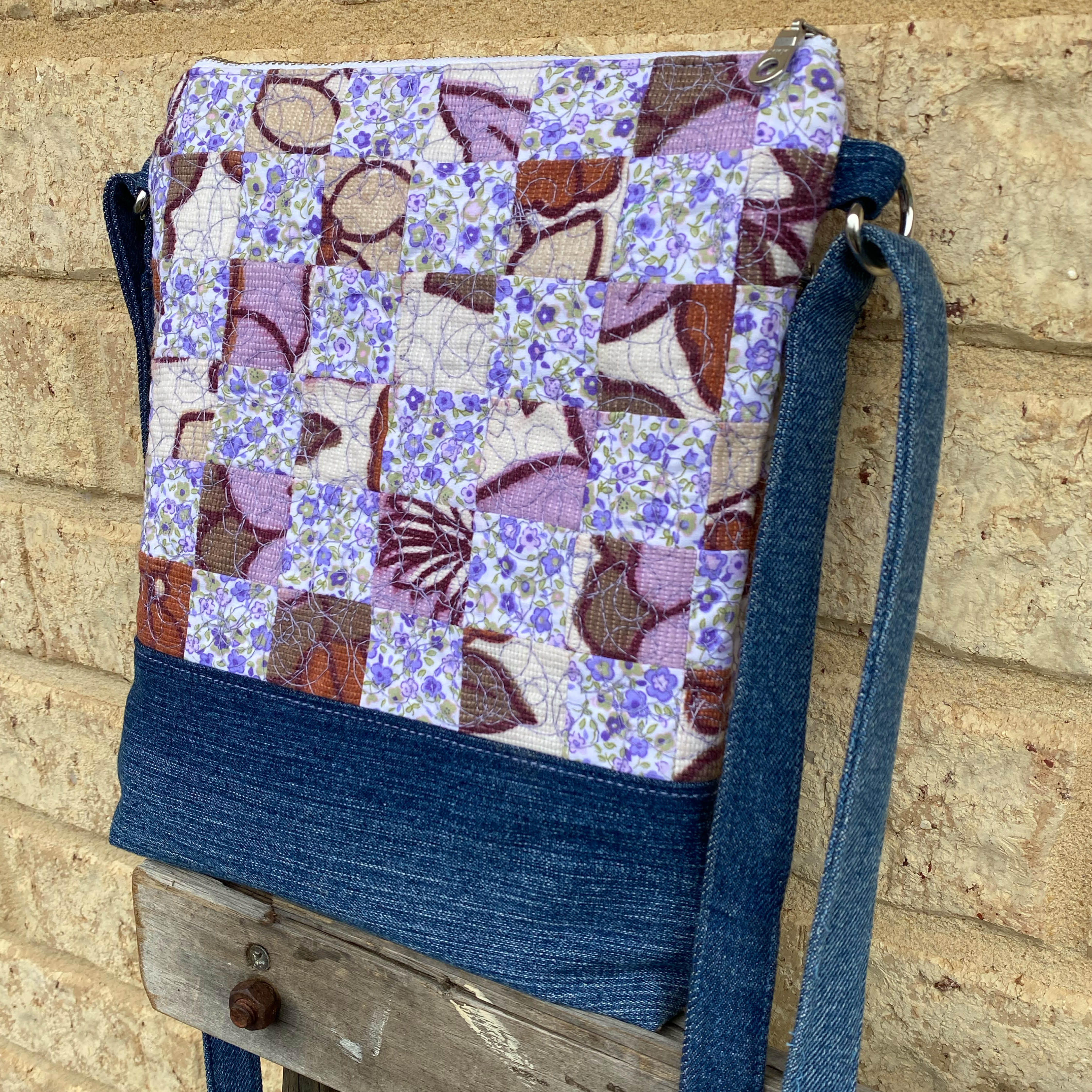 Lavender Bloom Handmade Crossbody Bag Upcycled Vintage Fabrics & Denim