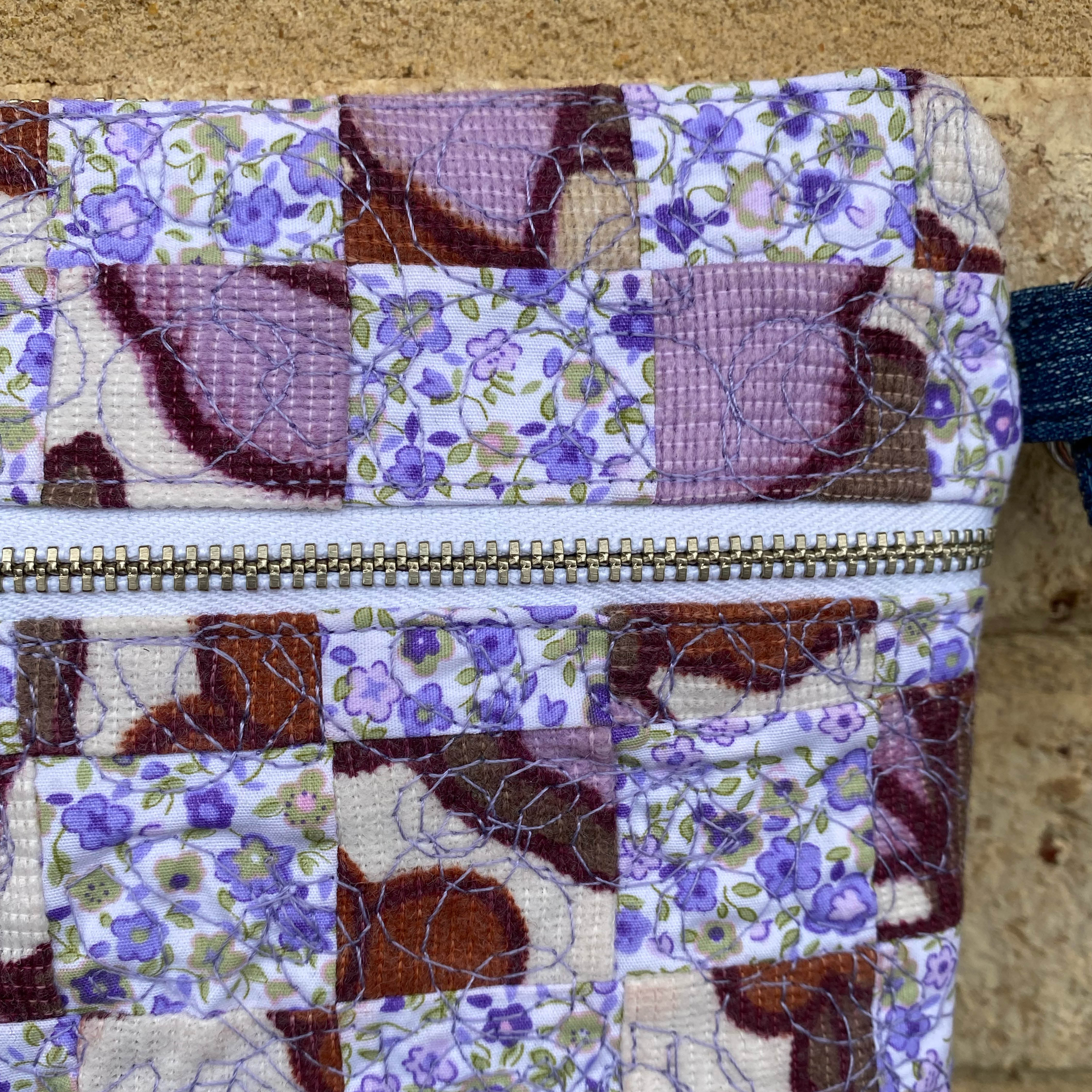 Lavender Bloom Handmade Crossbody Bag Upcycled Vintage Fabrics & Denim