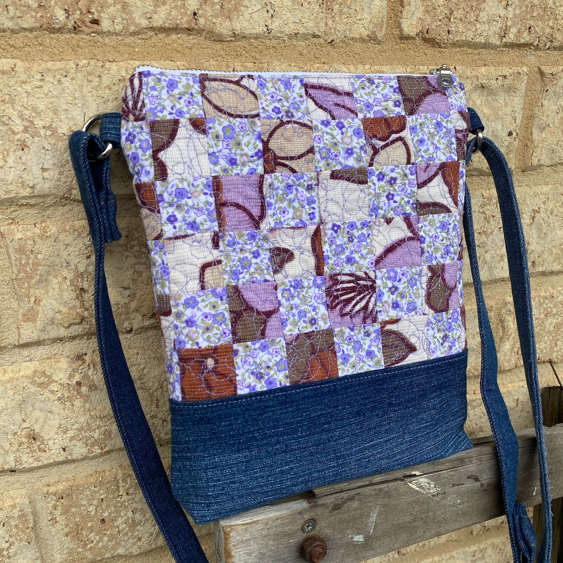 Lavender Bloom Handmade Crossbody Bag Upcycled Vintage Fabrics & Denim