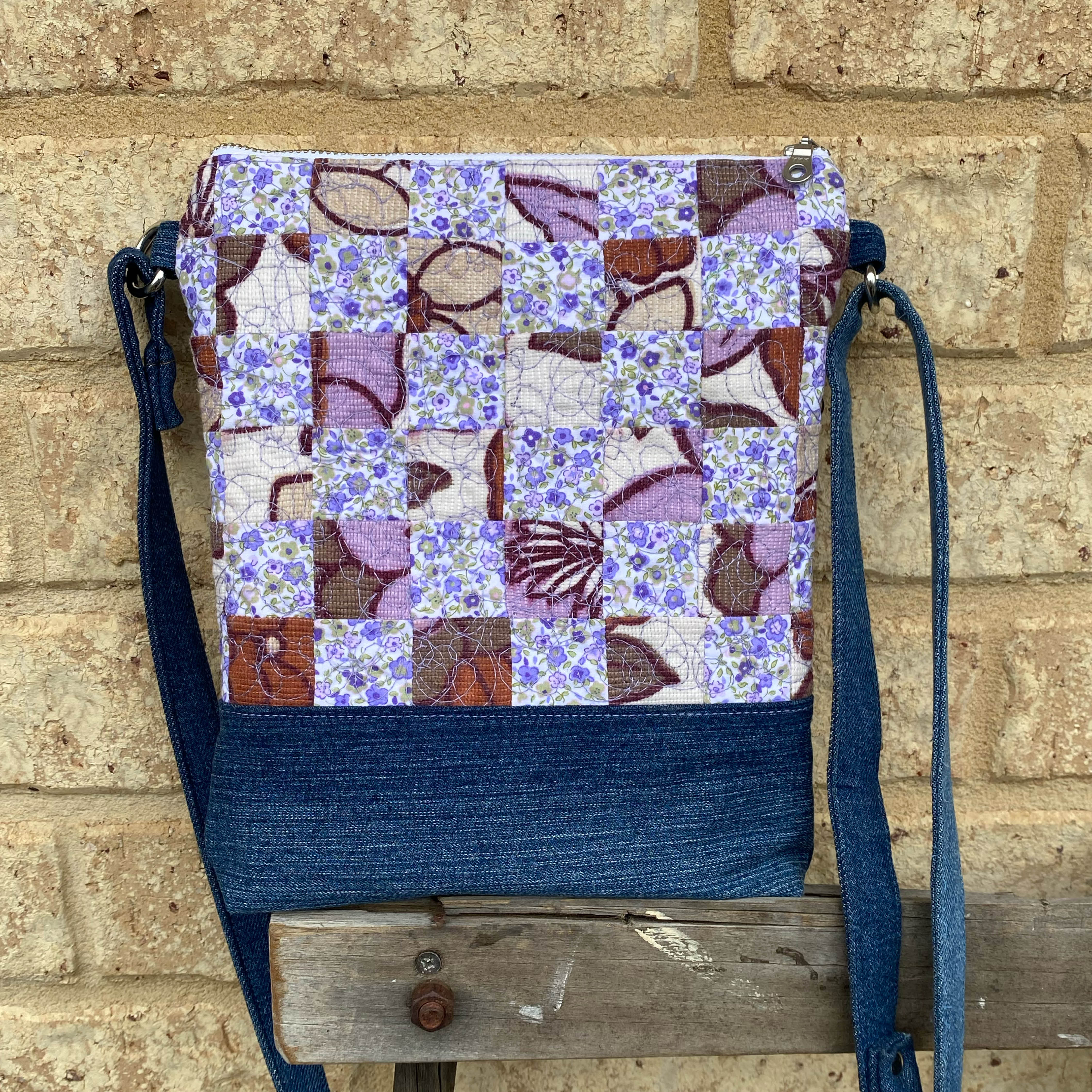 Lavender Bloom Handmade Crossbody Bag Upcycled Vintage Fabrics & Denim