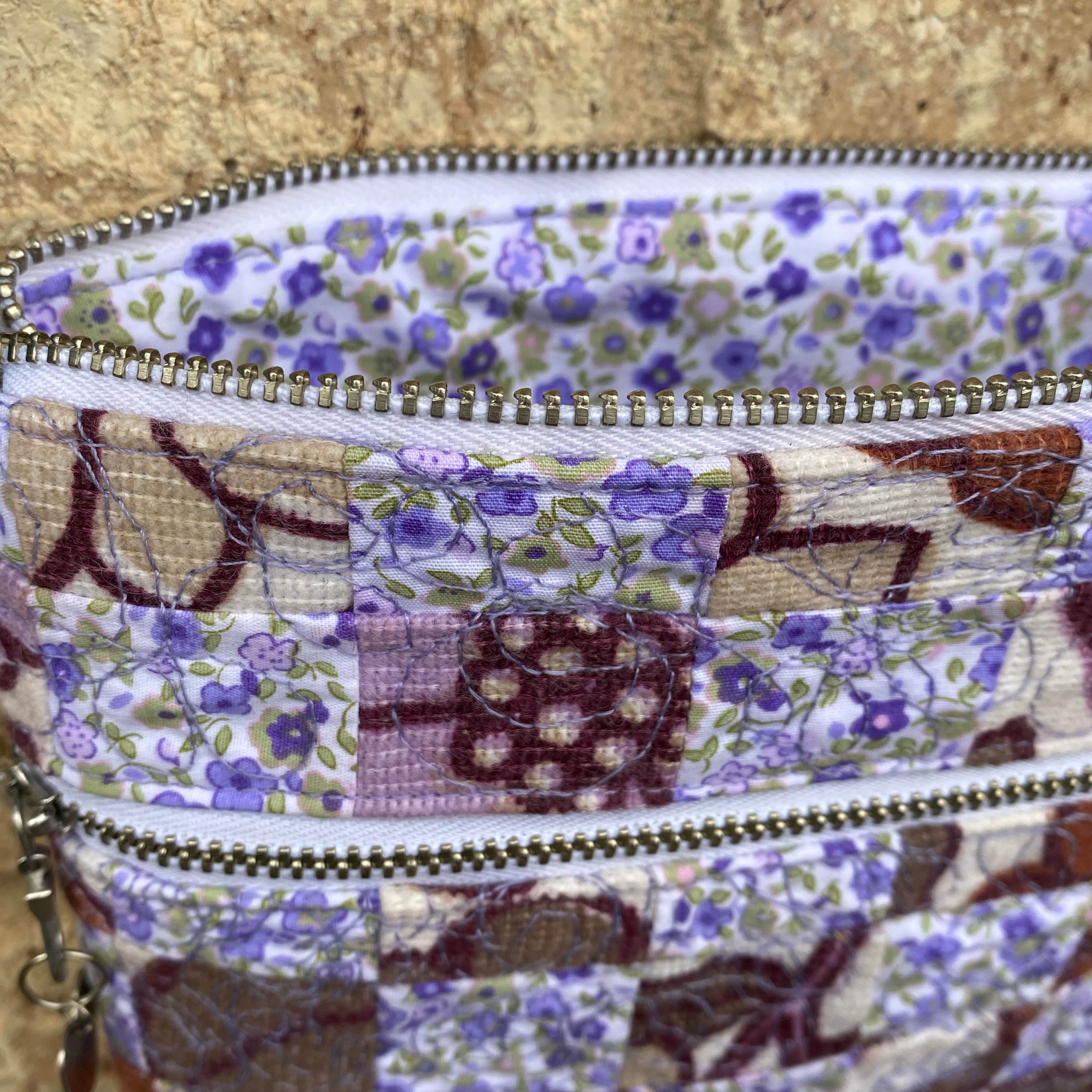 Lavender Bloom Handmade Crossbody Bag Upcycled Vintage Fabrics & Denim