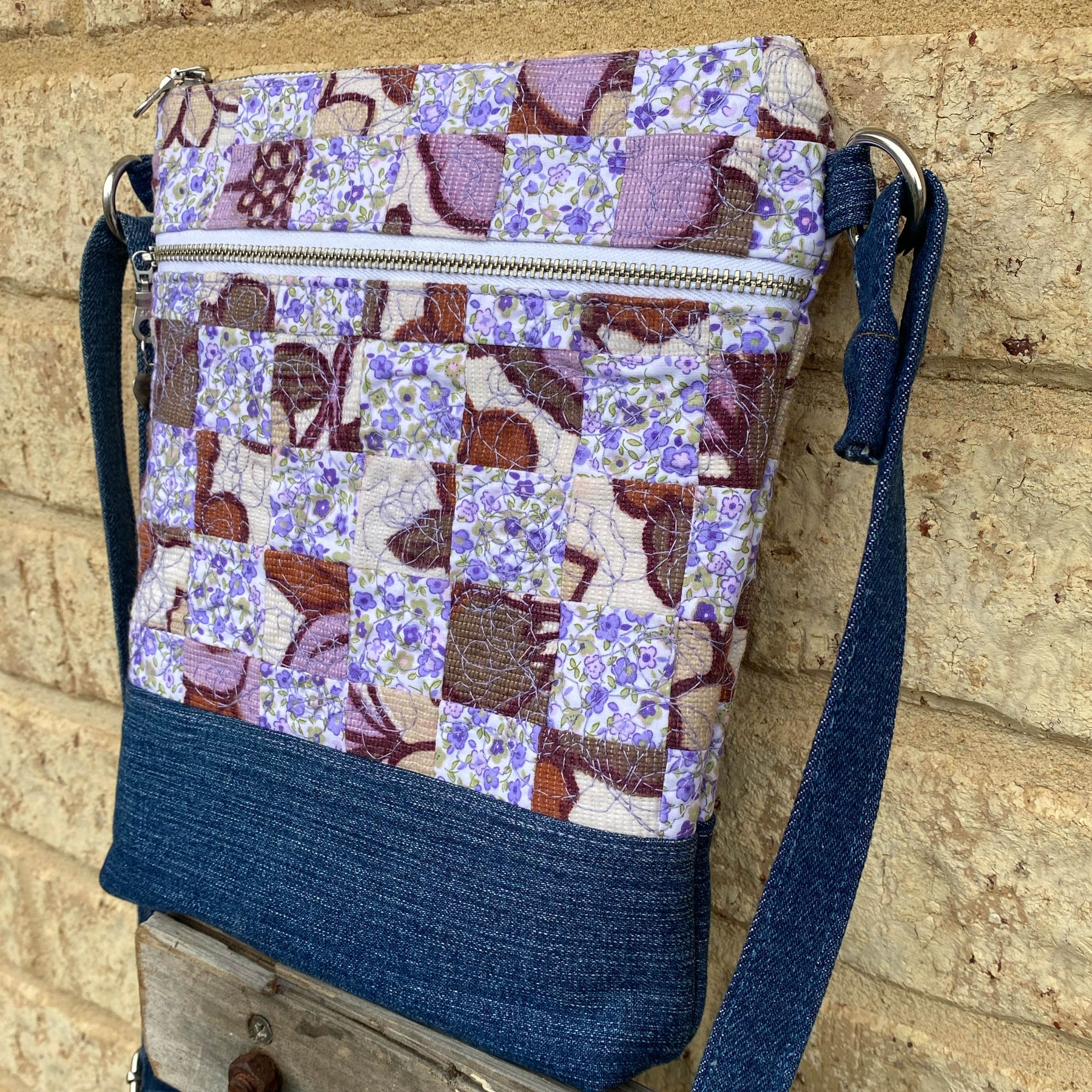 Lavender Bloom Handmade Crossbody Bag Upcycled Vintage Fabrics & Denim
