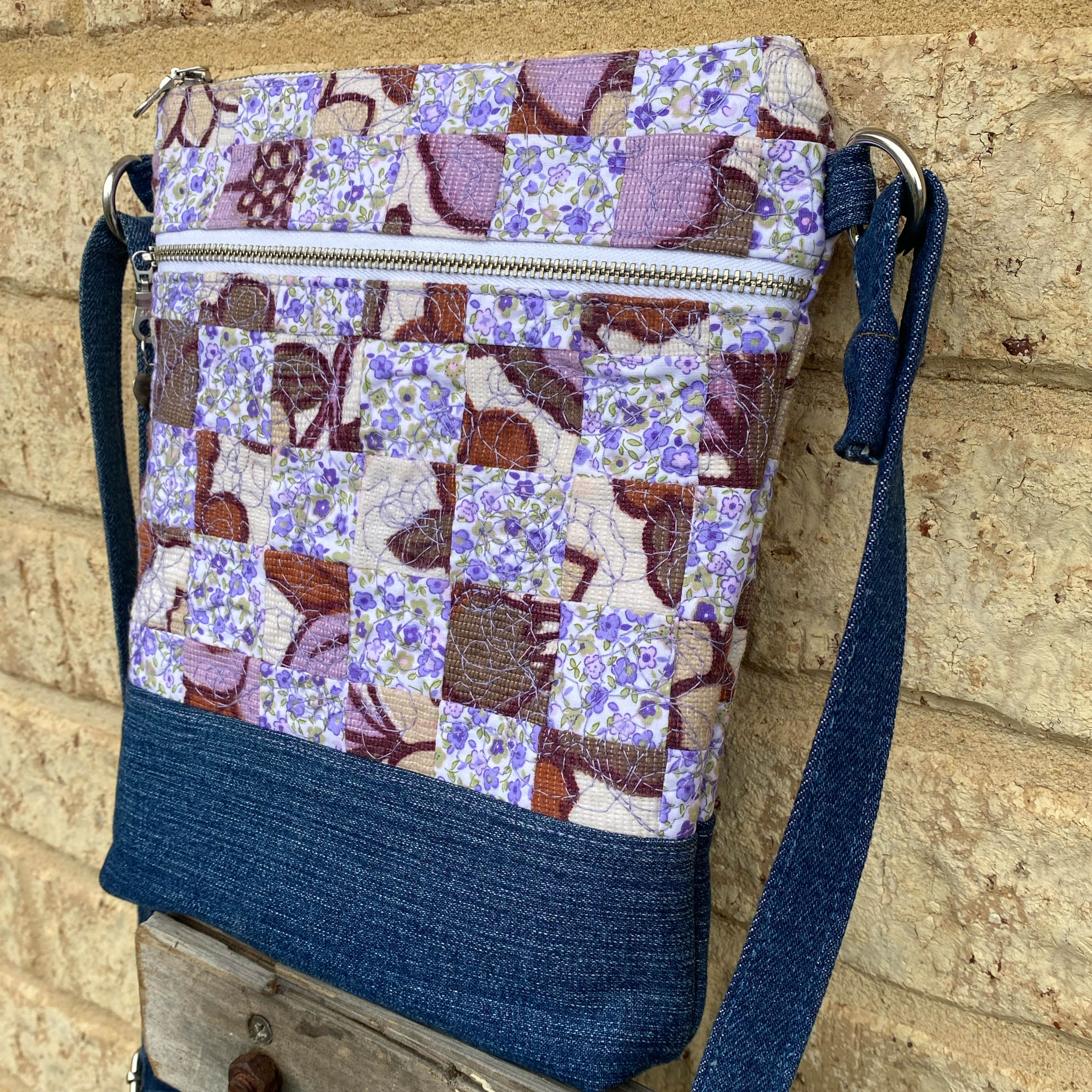 Lavender Bloom Handmade Crossbody Bag Upcycled Vintage Fabrics & Denim