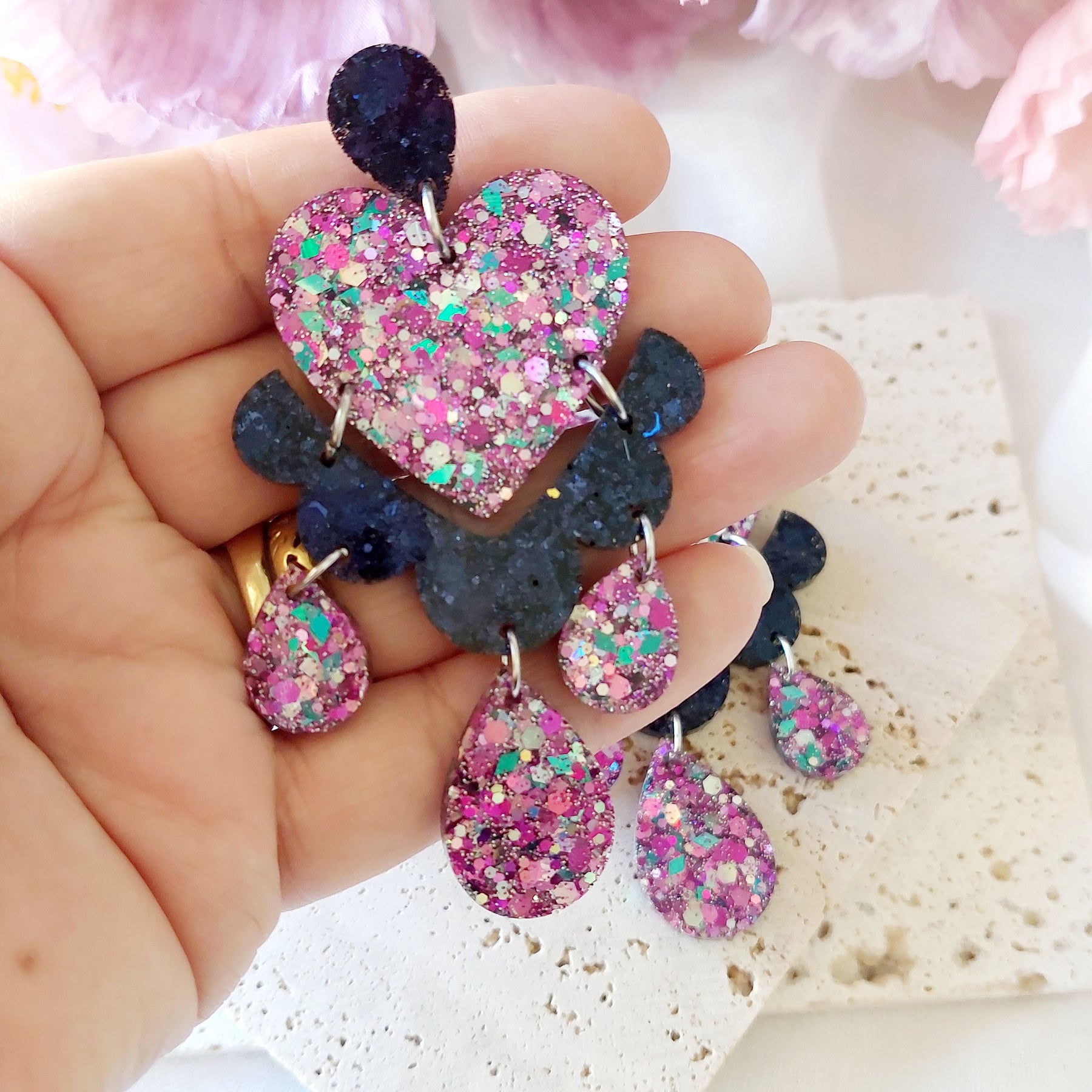 Large Frilly Love Heart Glitter Mix Dangle Earrings