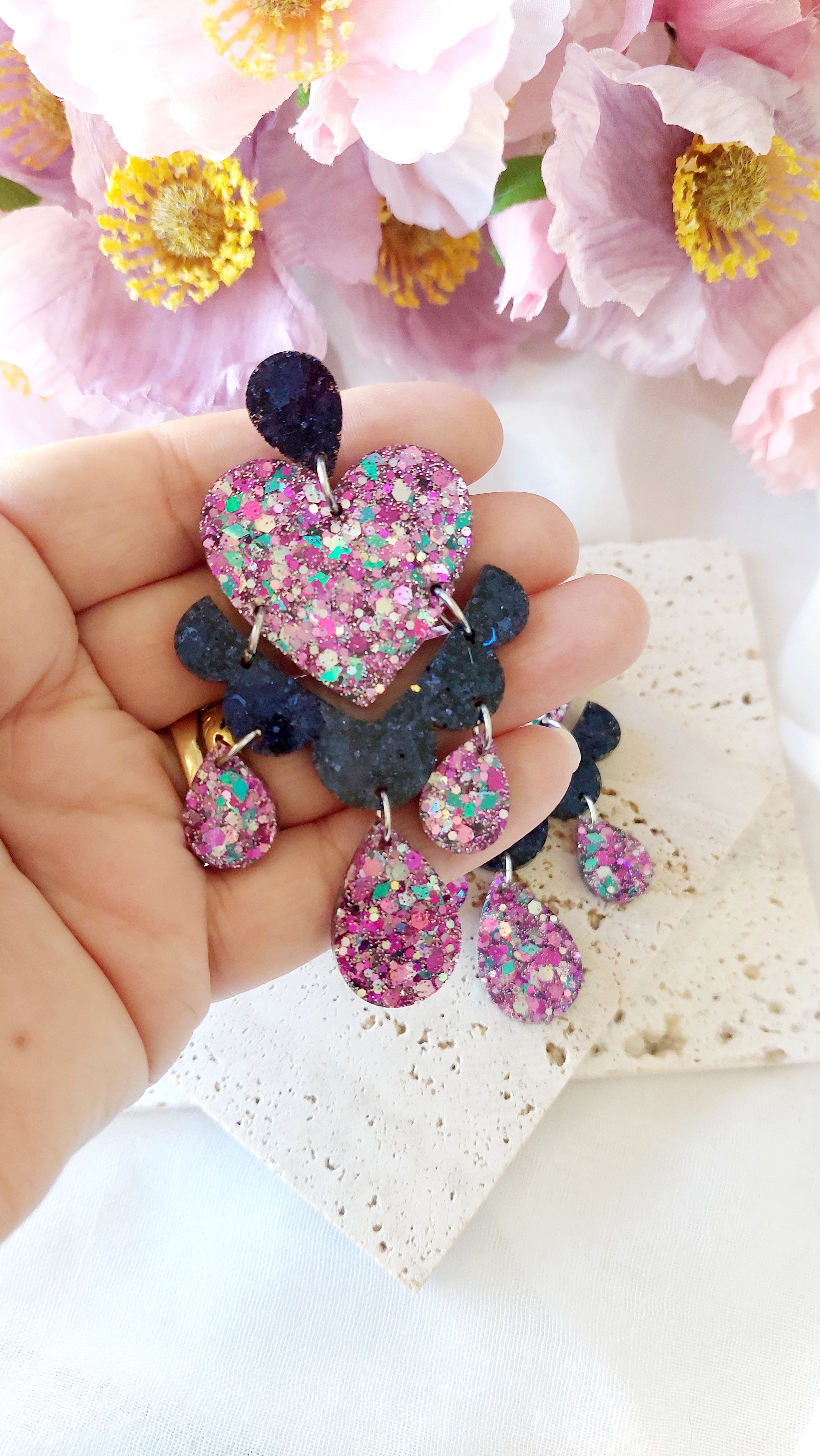 Large Frilly Love Heart Glitter Mix Dangle Earrings