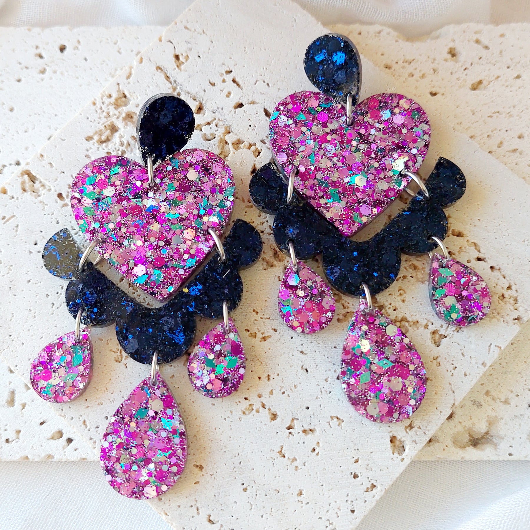 Large Frilly Love Heart Glitter Mix Dangle Earrings
