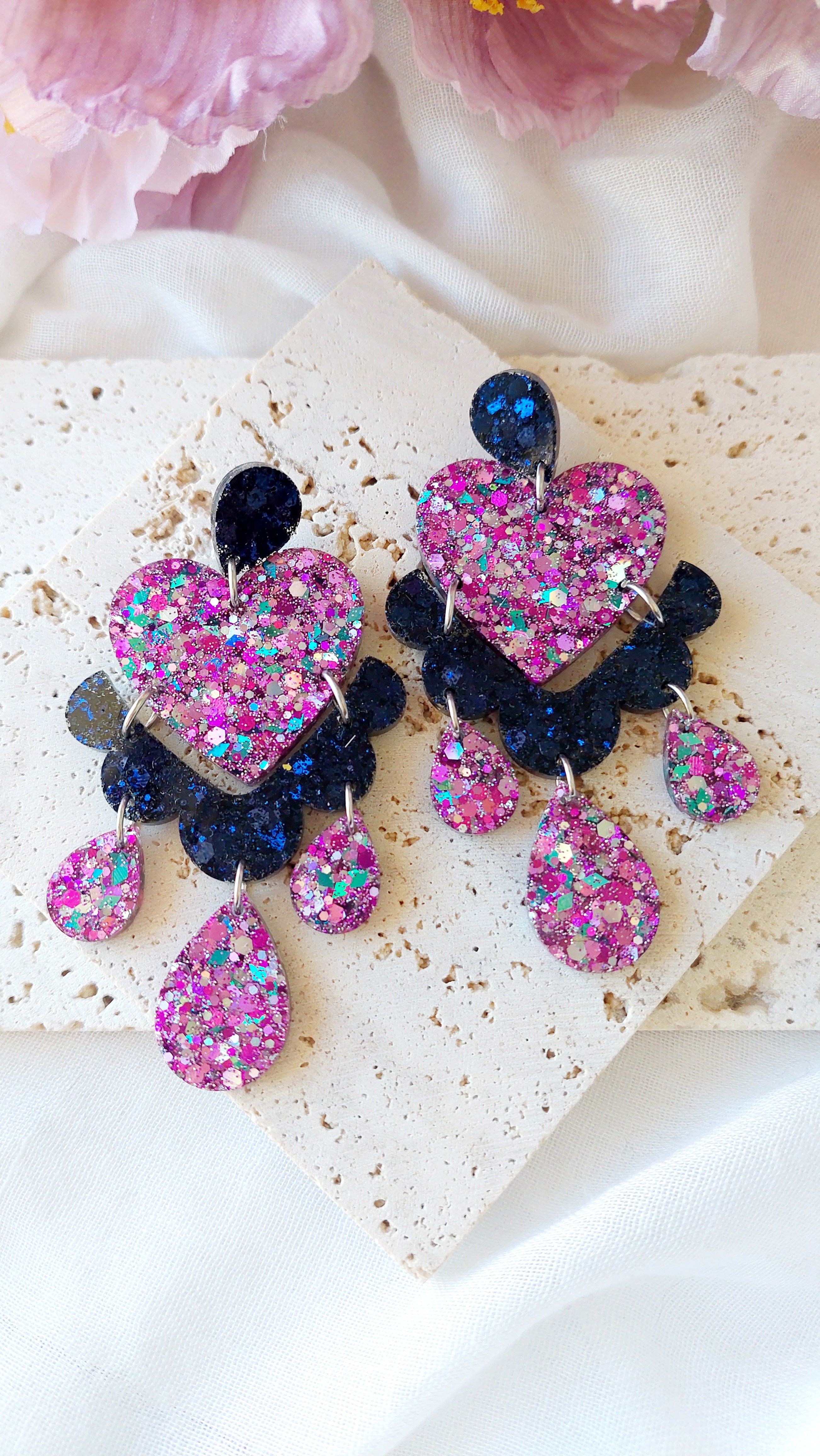 Large Frilly Love Heart Glitter Mix Dangle Earrings