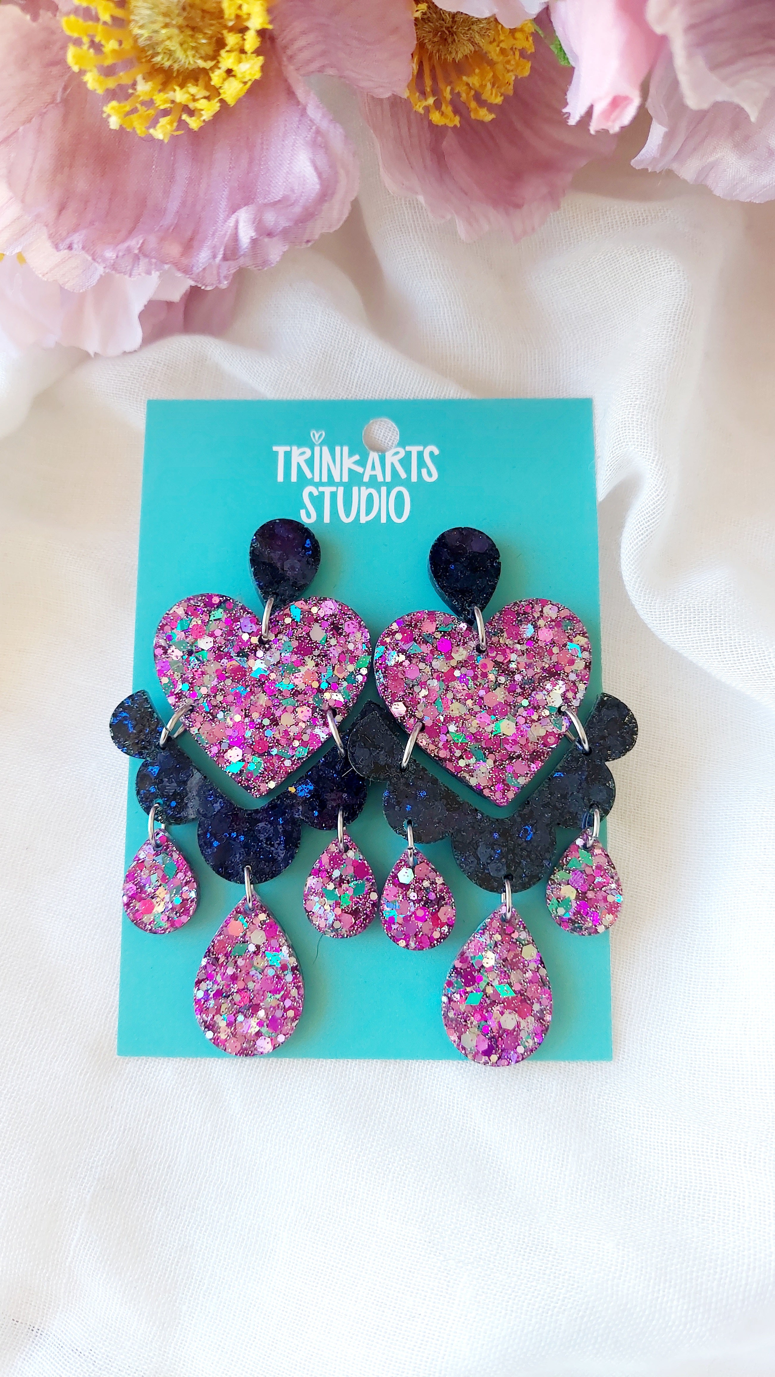 Large Frilly Love Heart Glitter Mix Dangle Earrings