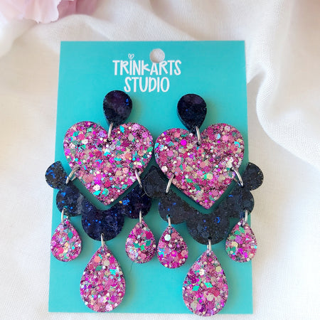 Large Frilly Love Heart Glitter Mix Dangle Earrings