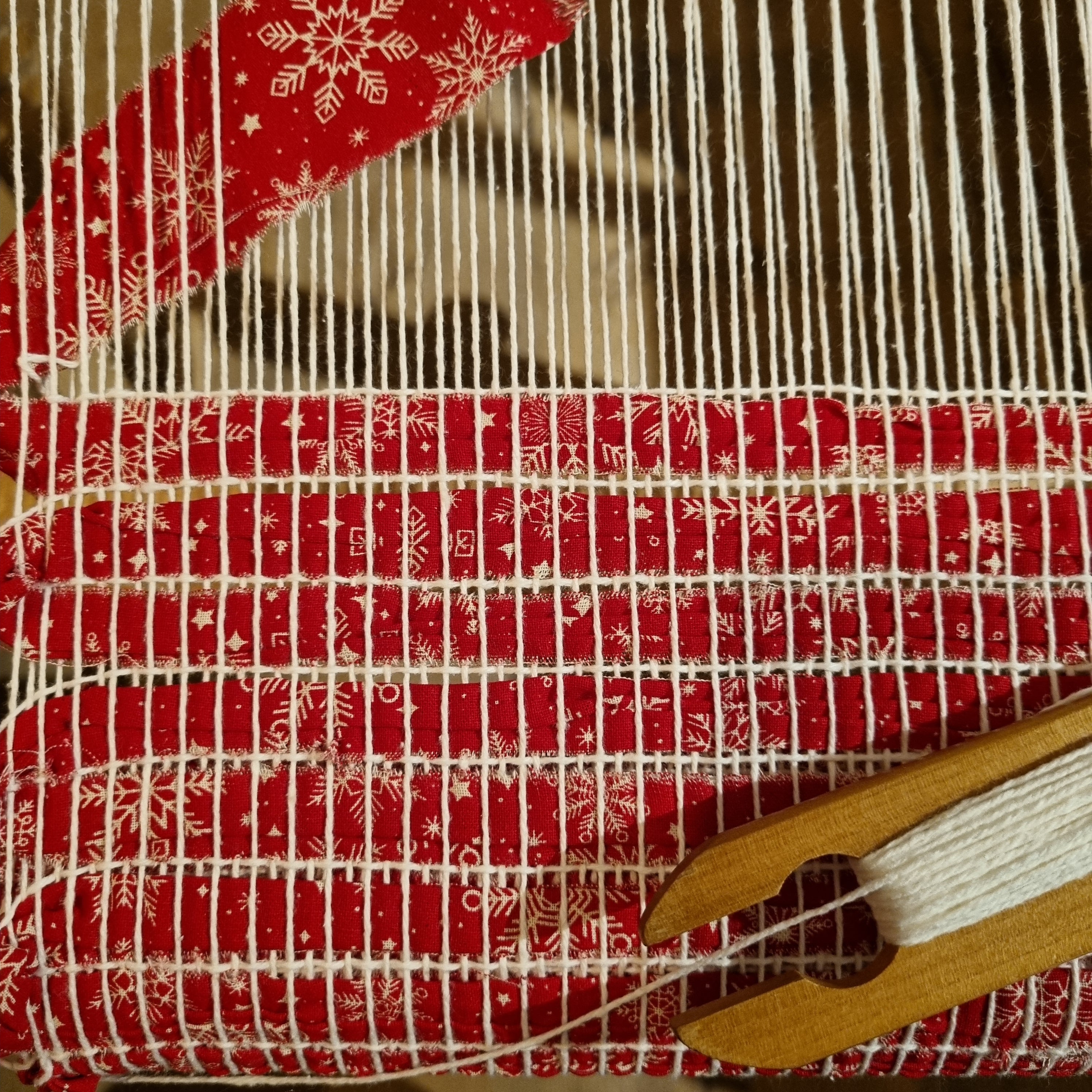 Handwoven Christmas fabric table runner red and white