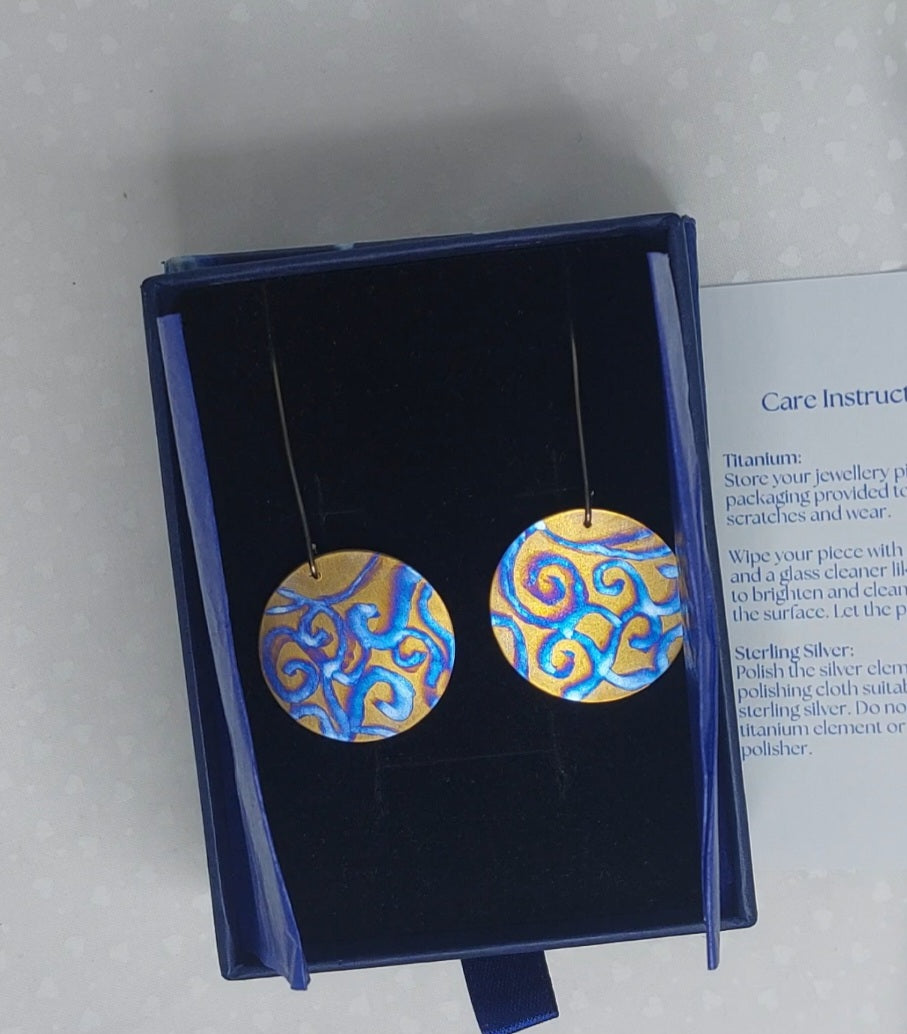 Titanium Disc Earrings- Watercolour Swirls Bronze Titanium Hooks