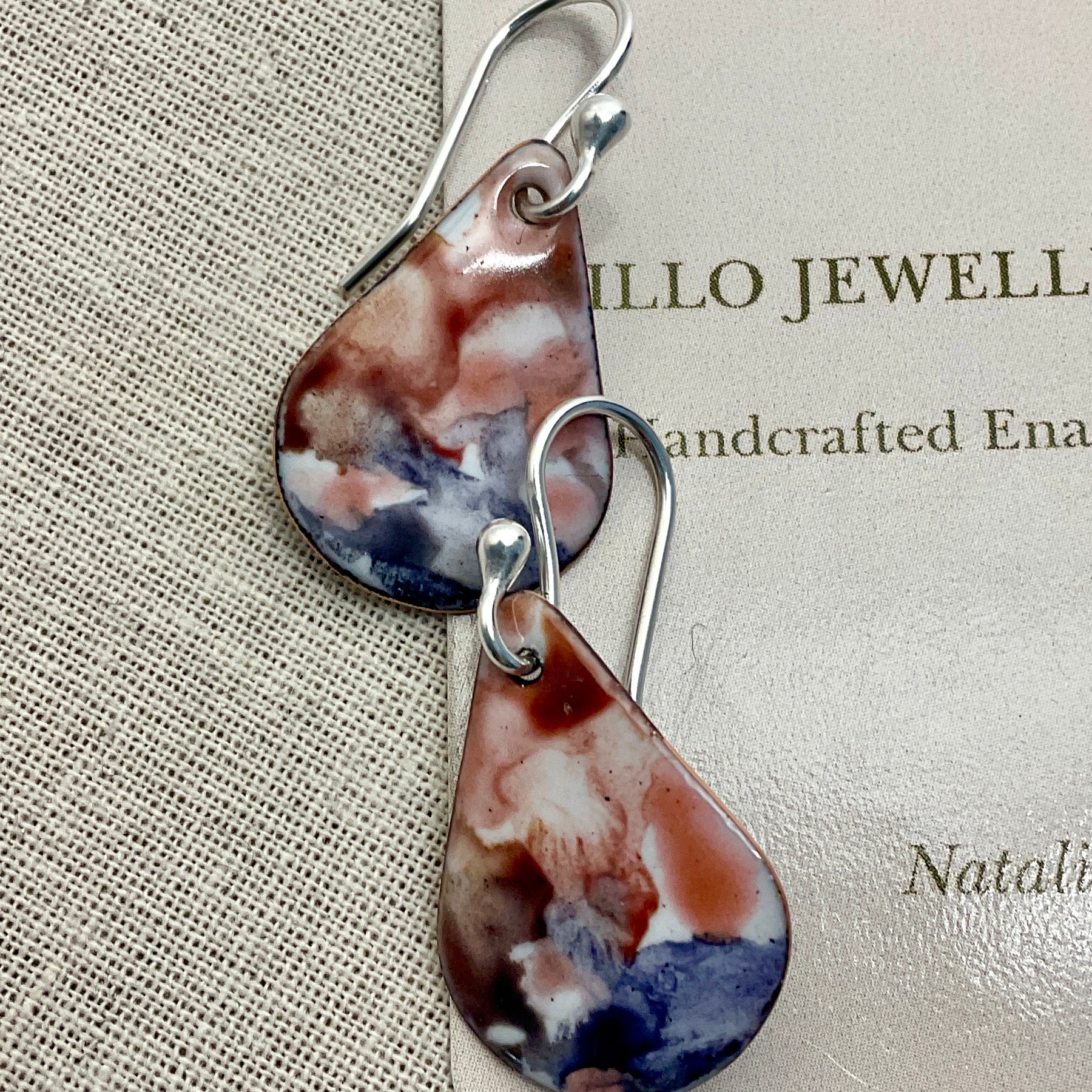 Teardrop enamel earrings. Marble effect. Hand painted.