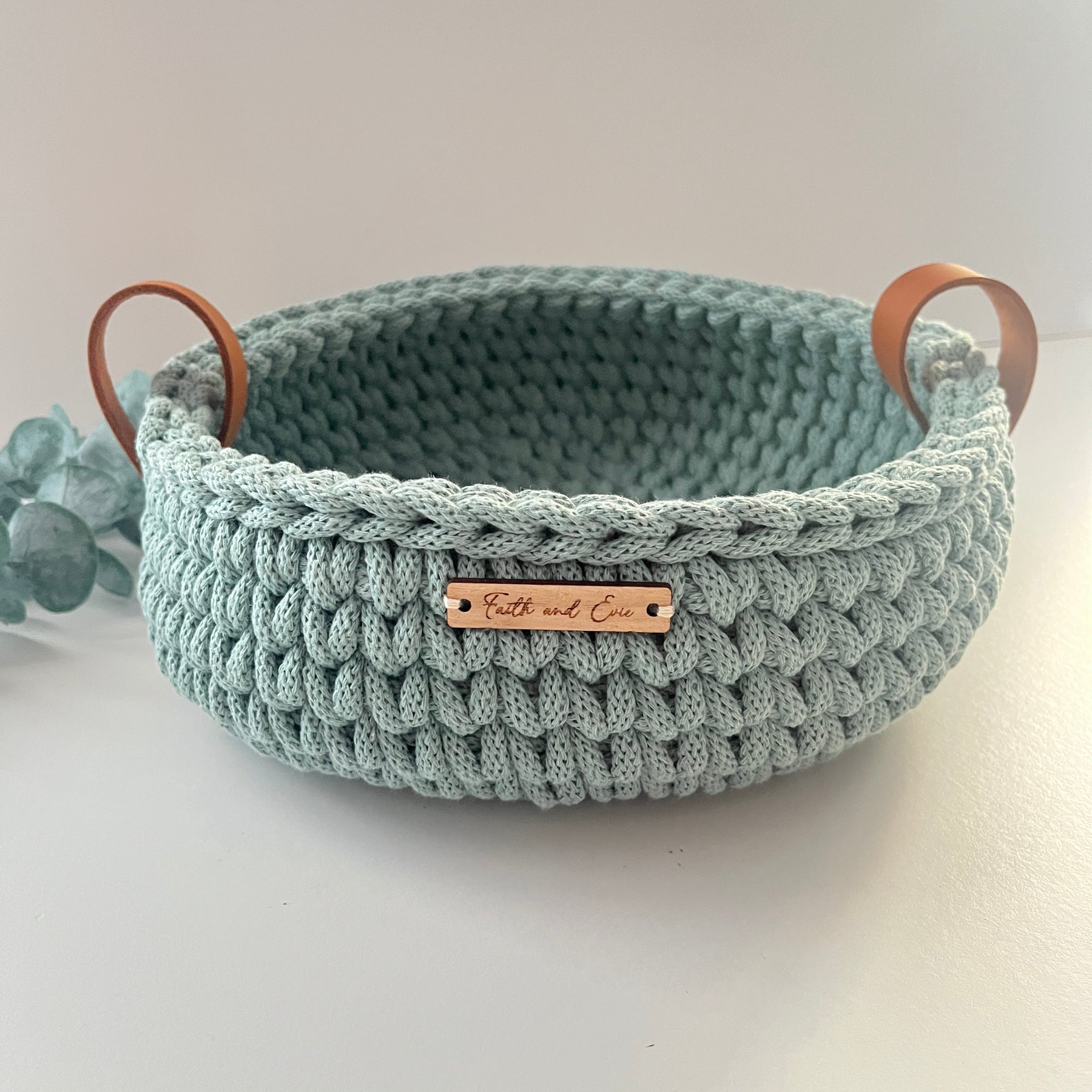 Crochet basket with handles - colour Duck Egg