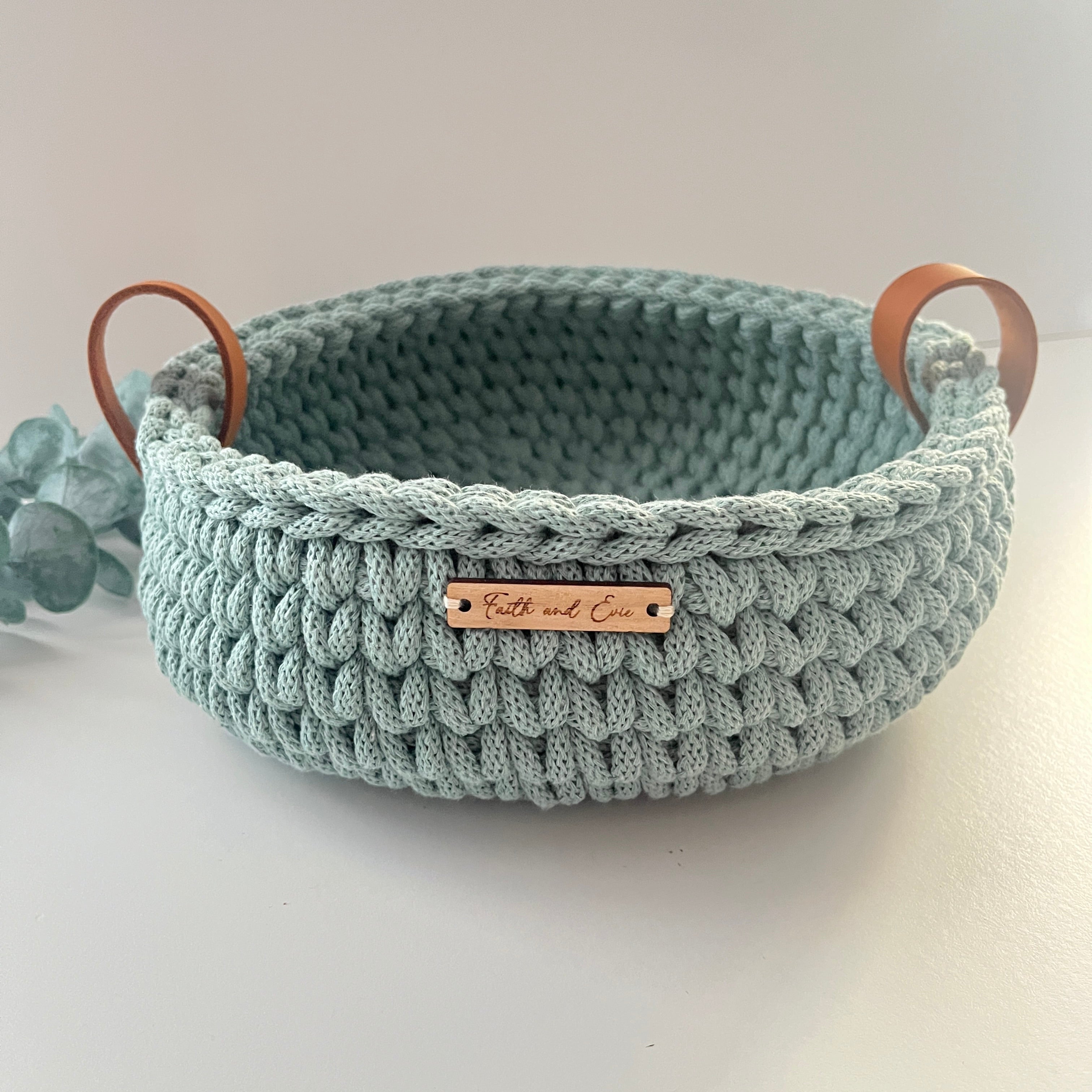 Crochet basket with handles - colour Duck Egg