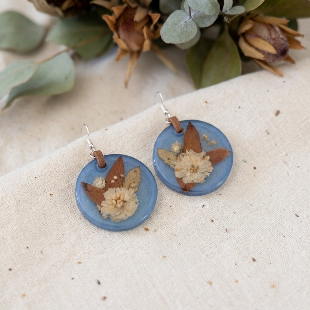 Handmade Blue Resin & Cream Floral Earrings 🌿