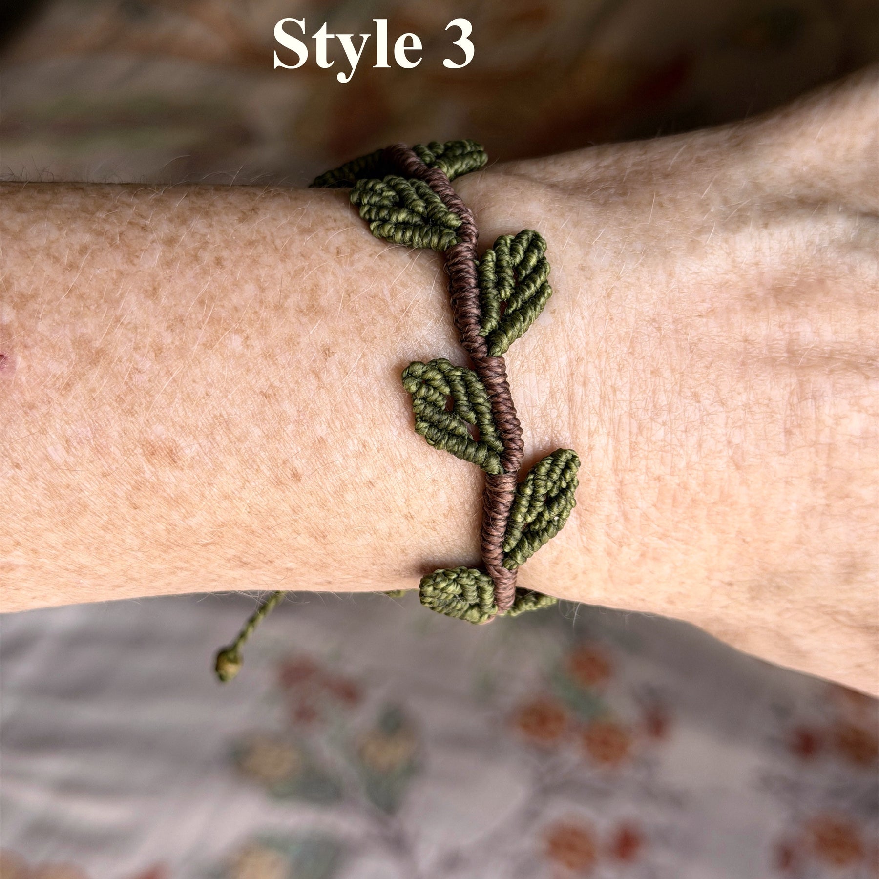 Macrame Brown Vine with Green Leaf - earthy forest fae collection