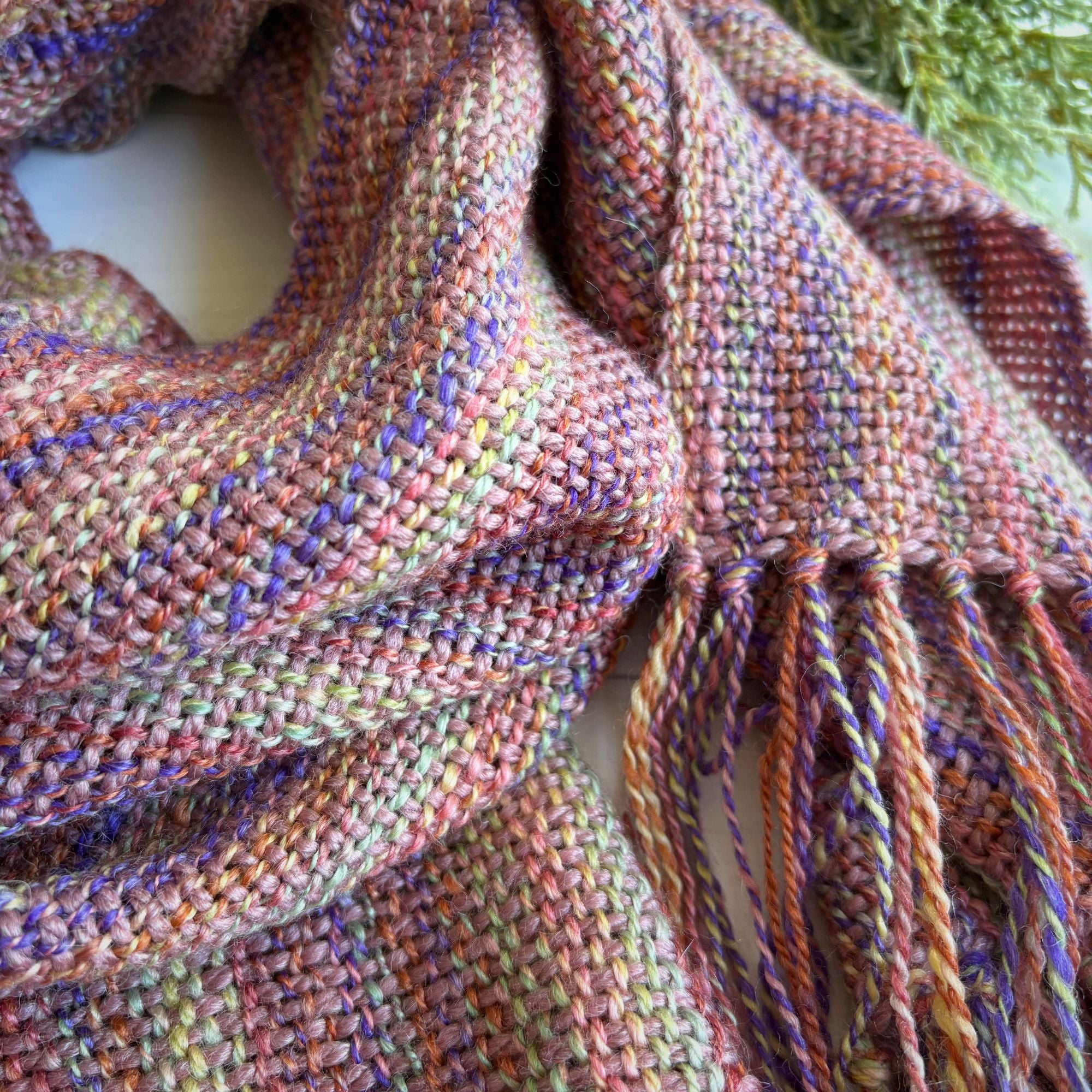 Handwoven scarf - handspun wool - rainbow/purple