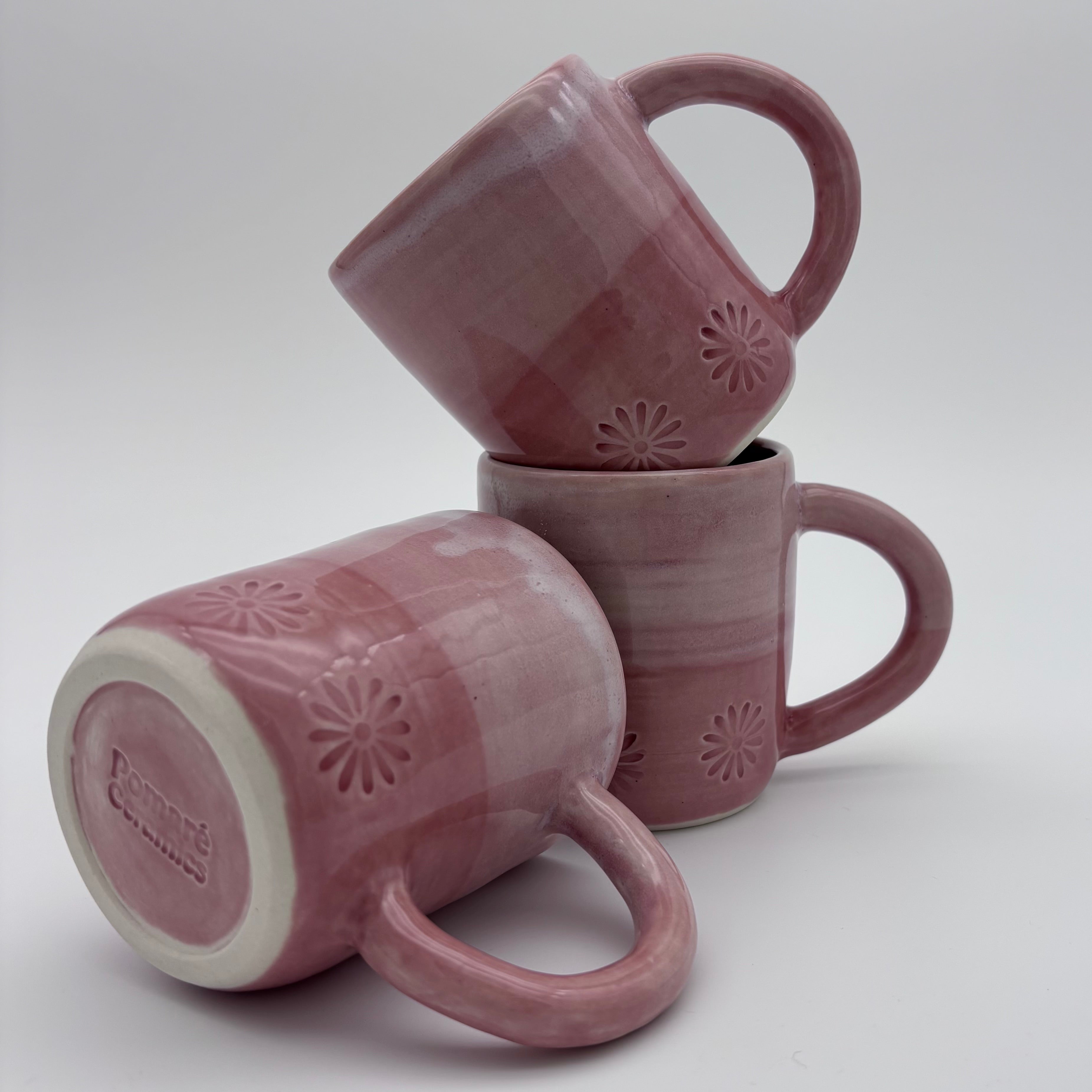 Boutique Pottery for Everyday Living - Wheel Thrown Mug with Handle - Pink Flowers