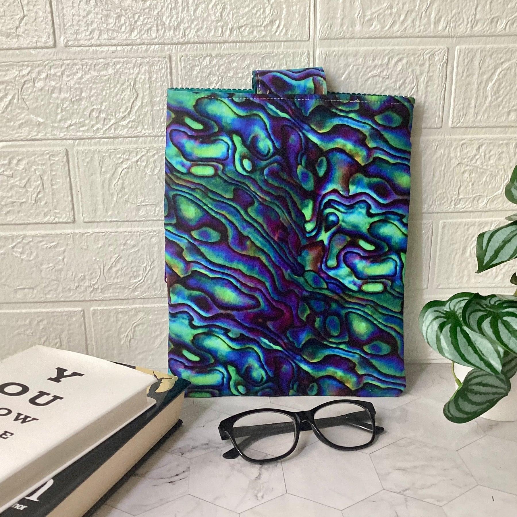 Paua Shell fabric book sleeve with 2 pockets. iPad, tablet pouch