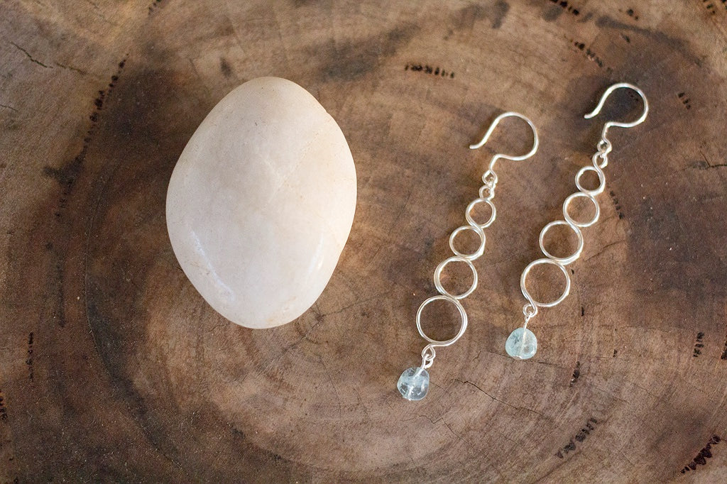 Natural Aquamarine Gemstone Silver Looped Earrings | Crystal Jewellery
