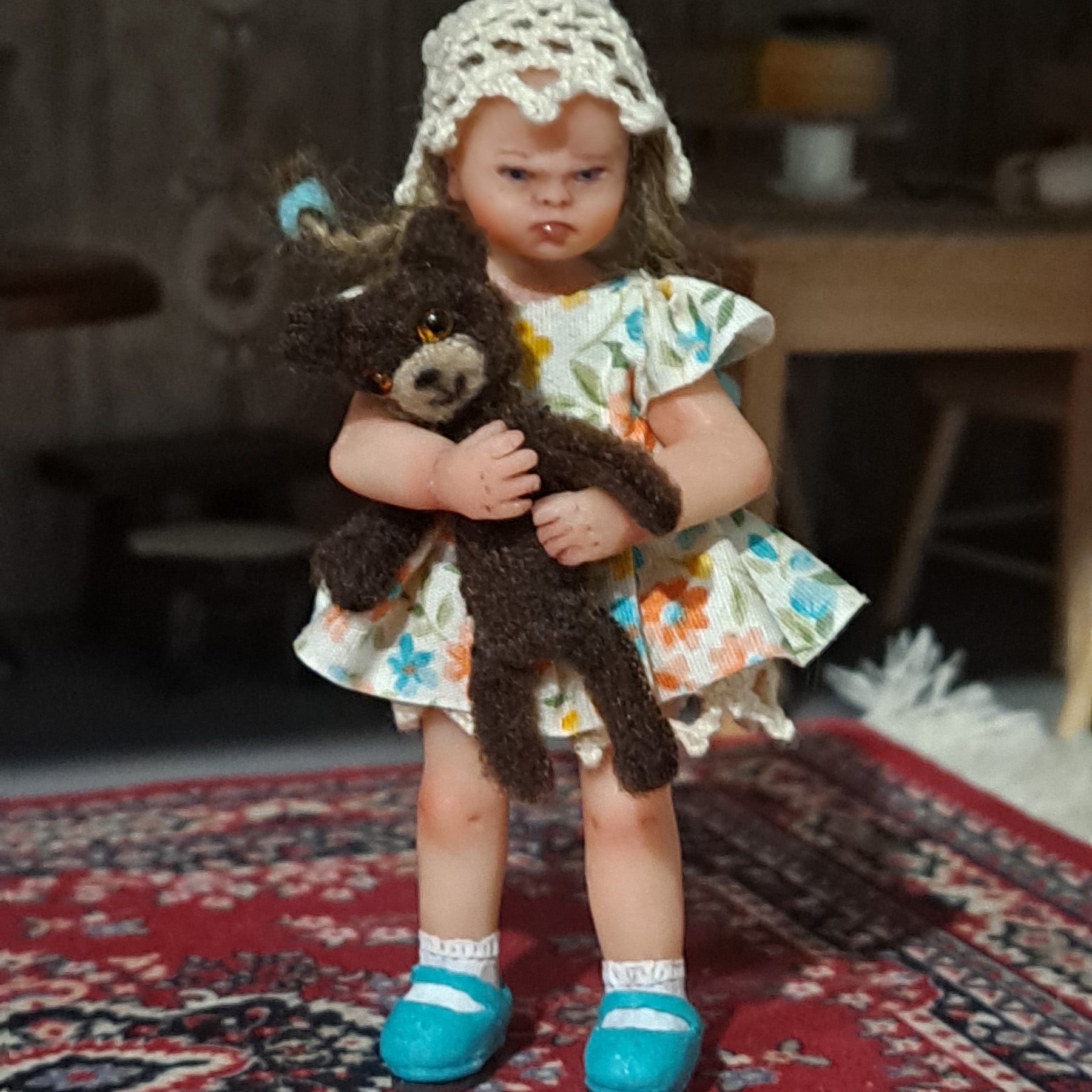Grumpy Girl Art Doll – 1:12 Scale OOAK Collector Set with Teddy Bear, Rug