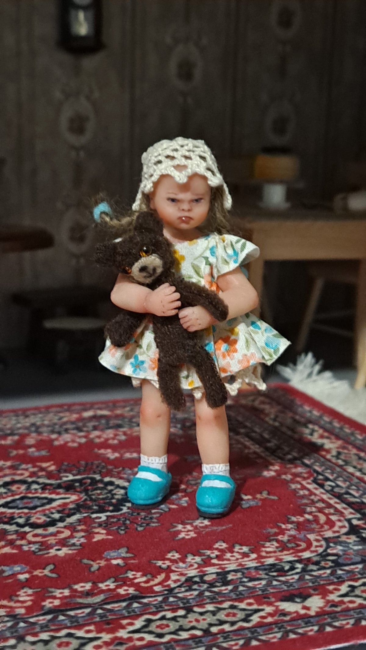 Grumpy Girl Art Doll – 1:12 Scale OOAK Collector Set with Teddy Bear, Rug