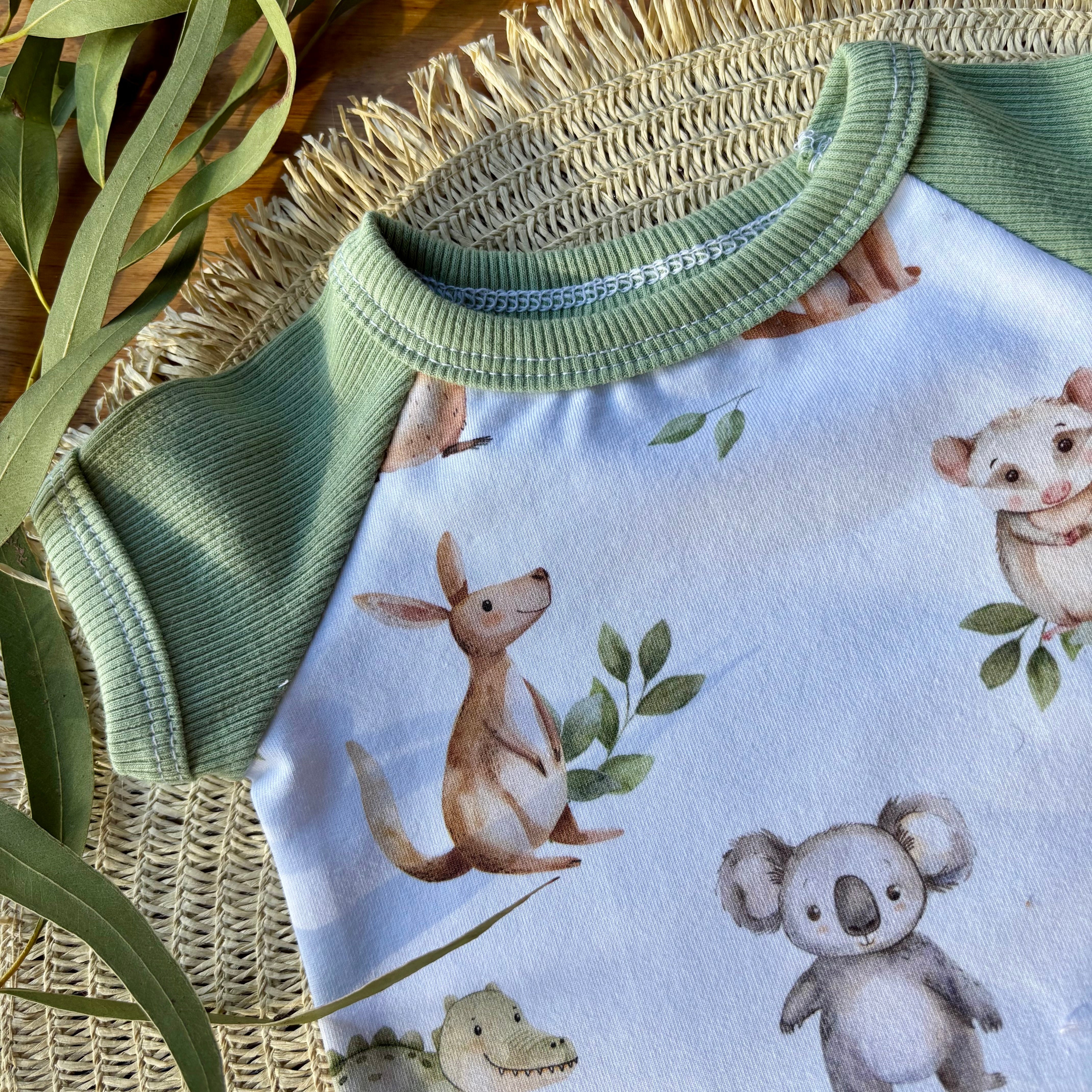 Baby Short Sleeved Bodysuit and Shorties | Green Aussie Animals | Size premmie to 2 | Made to order