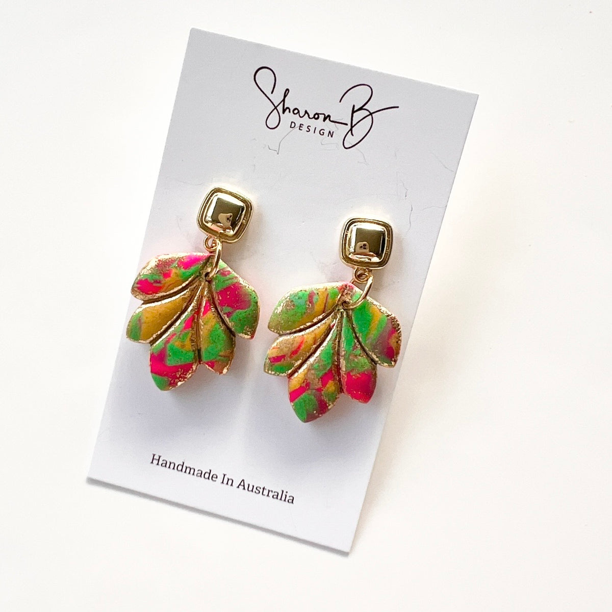 Earrings ~ Green ~ Gold ~ Gold Leaf ~ Polymer Clay