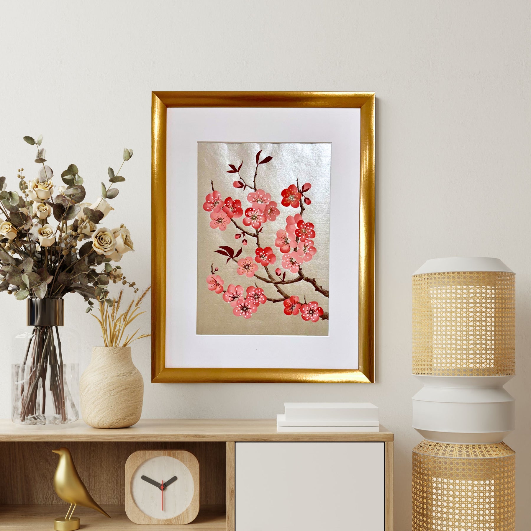 Original Plum Blossom Painting | Chinoiserie Floral Art on Champagne Gold Xuan Paper | Gouache Artwork | Lunar New Year | Gift