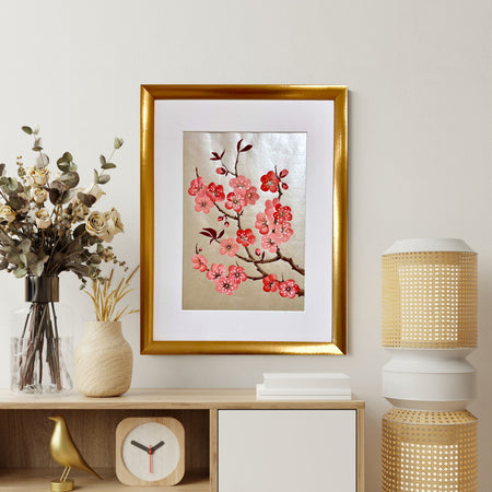 Original Plum Blossom Painting | Chinoiserie Floral Art on Champagne Gold Xuan Paper | Gouache Artwork | Lunar New Year | Gift