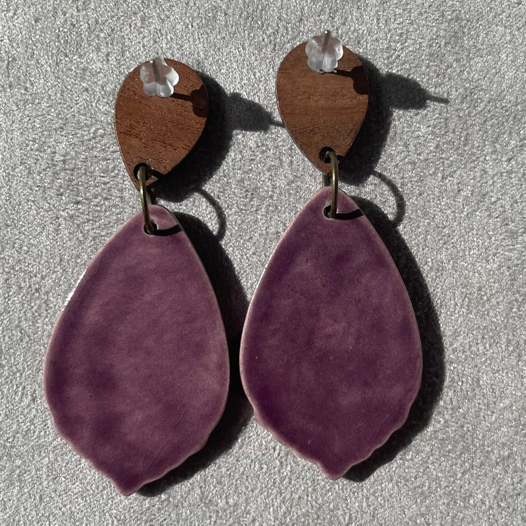 Earrings Purple Ceramic Flower Teardrop Wooden