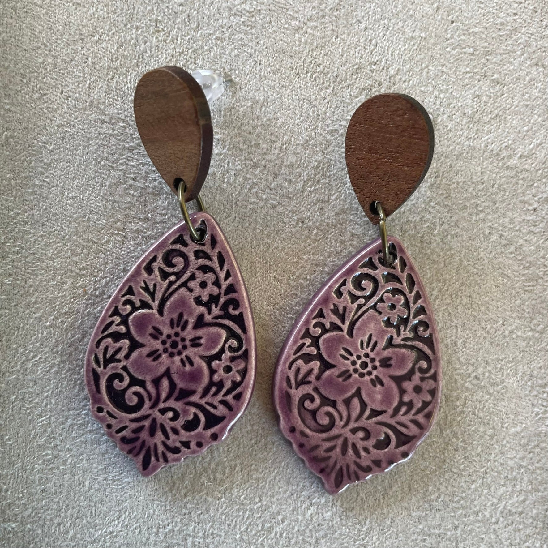 Earrings Purple Ceramic Flower Teardrop Wooden