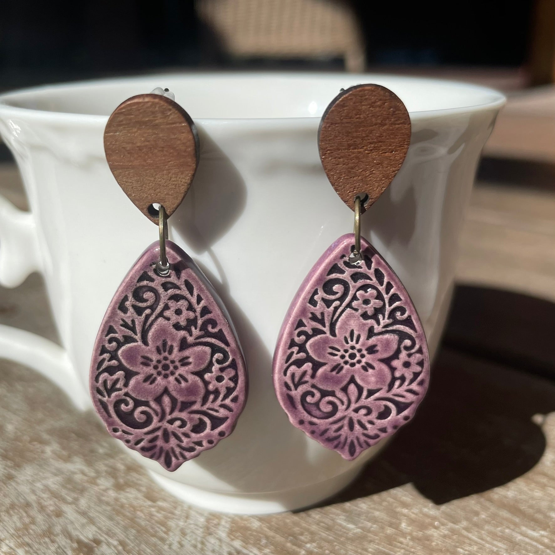 Earrings Purple Ceramic Flower Teardrop Wooden