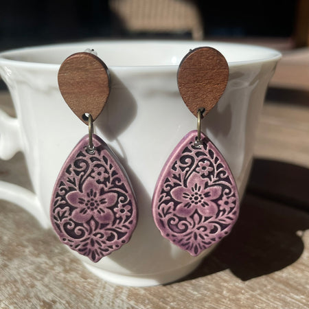 Earrings Purple Ceramic Flower Teardrop Wooden