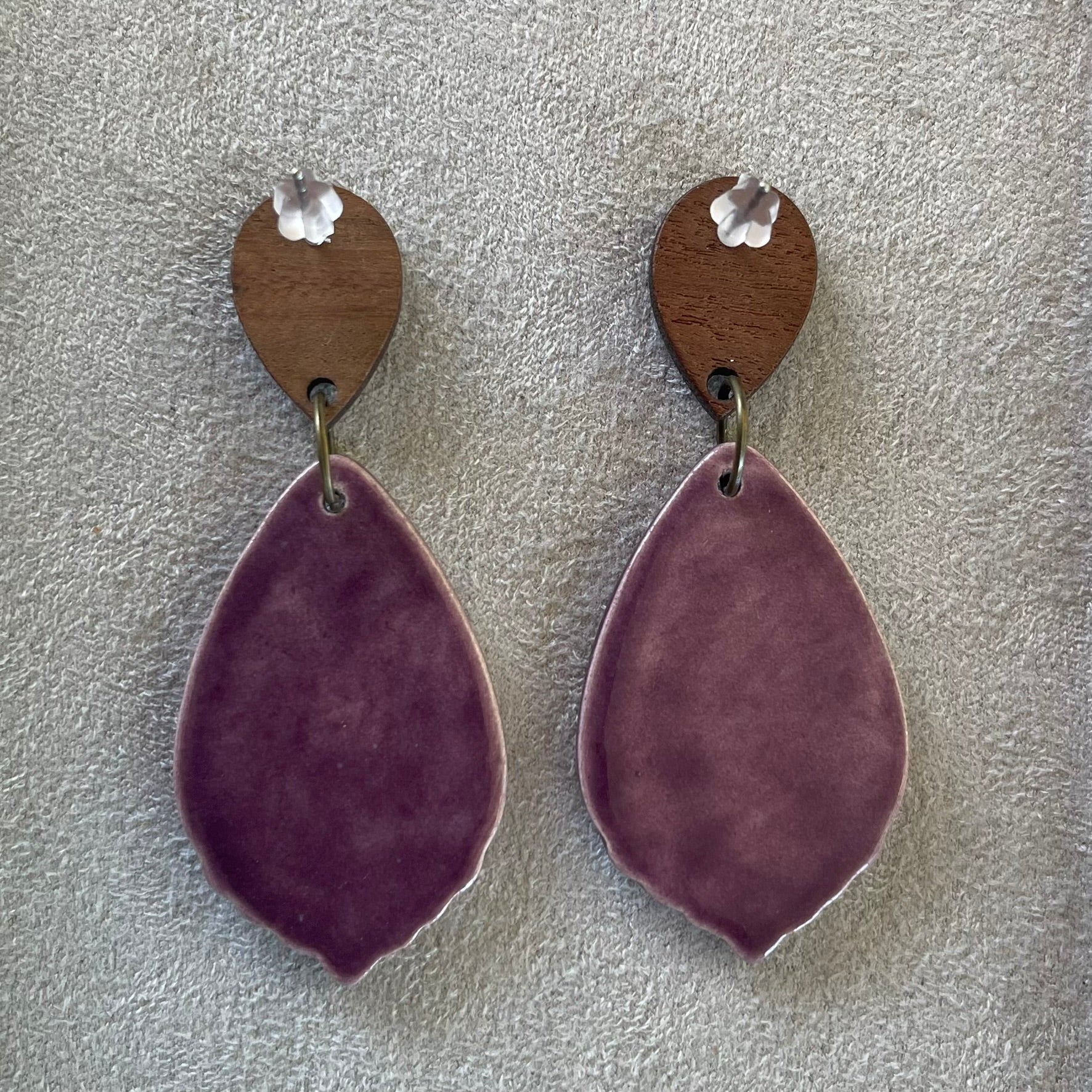 Earrings Purple Ceramic Flower Teardrop Wooden