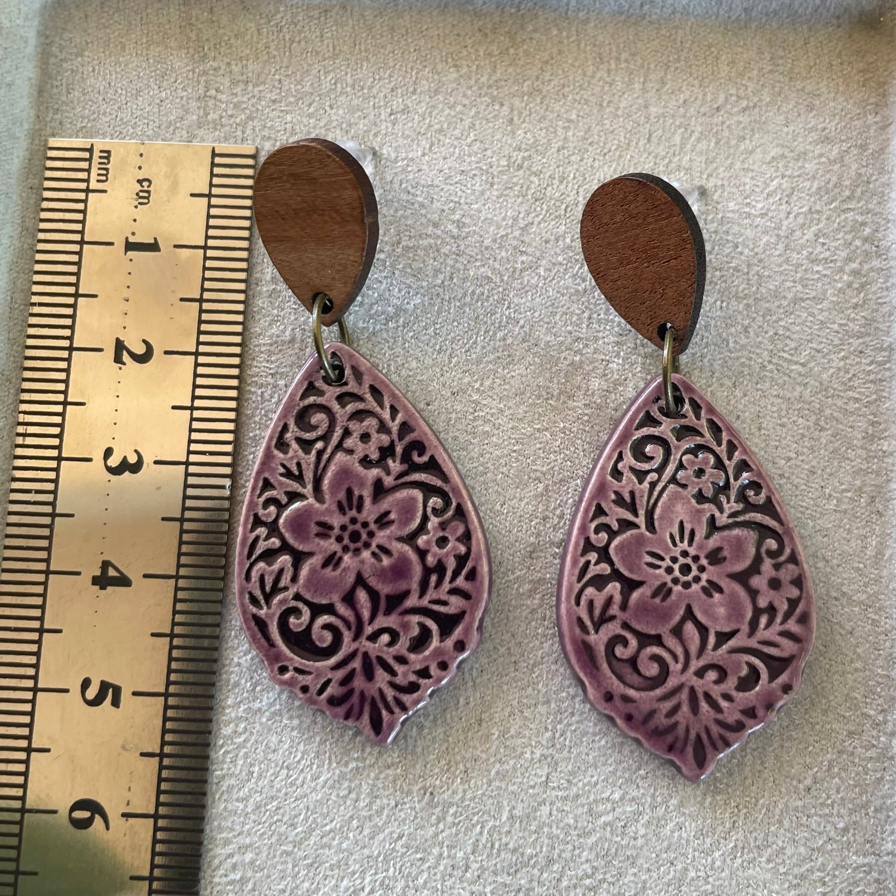Earrings Purple Ceramic Flower Teardrop Wooden