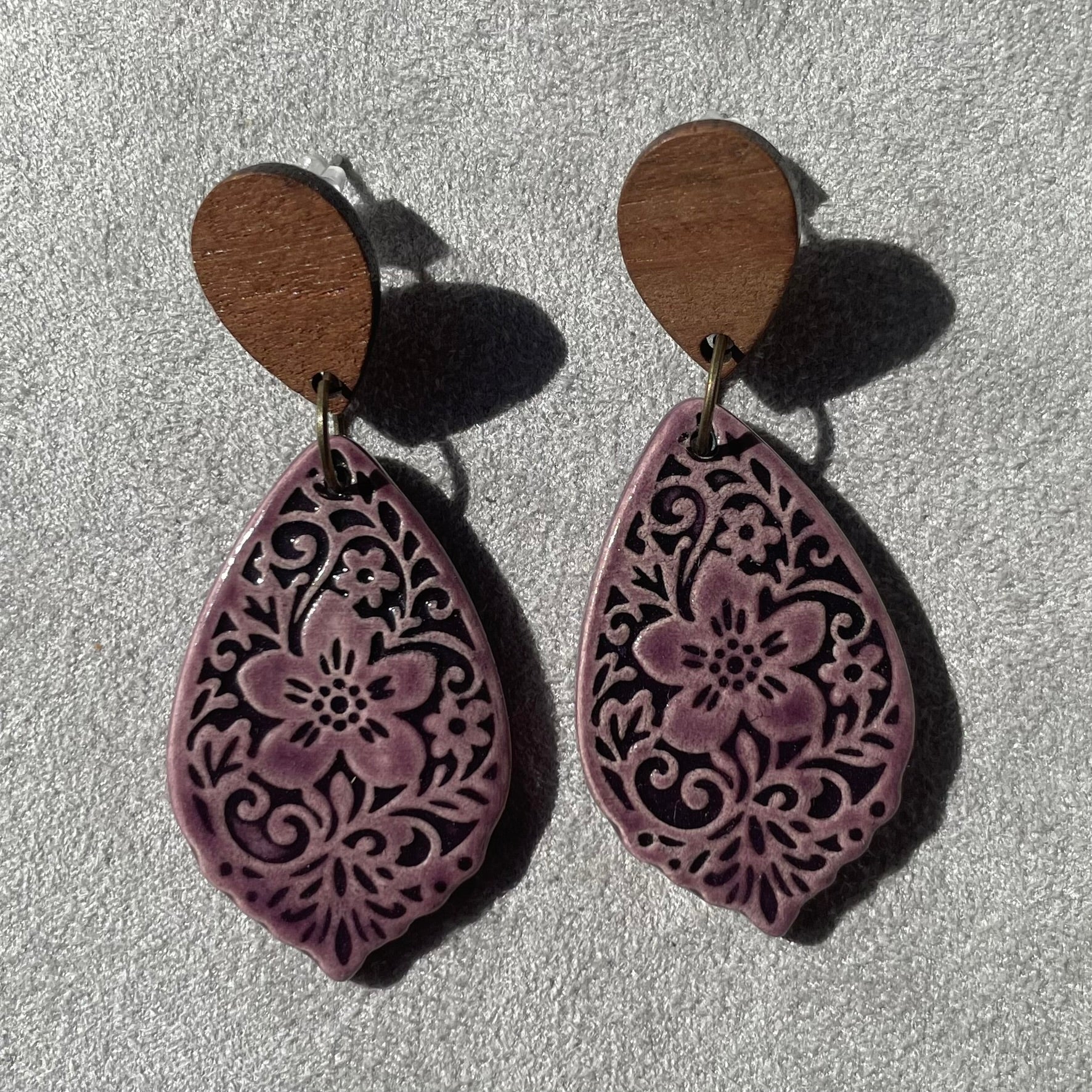 Earrings Purple Ceramic Flower Teardrop Wooden