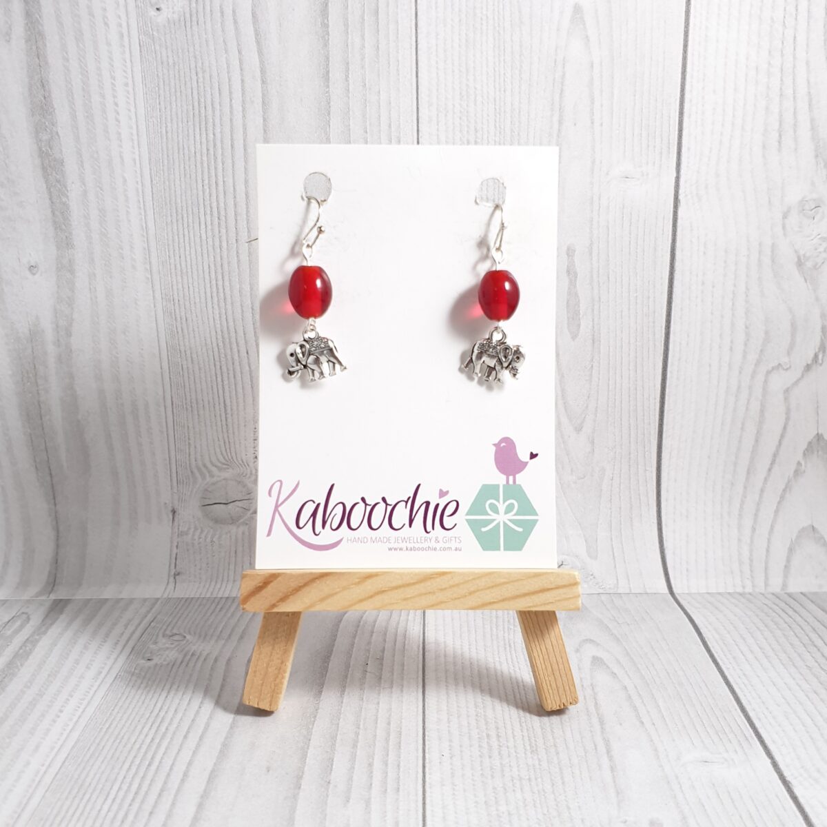 Beaded Charm Dangle Earrings Red with Elephants